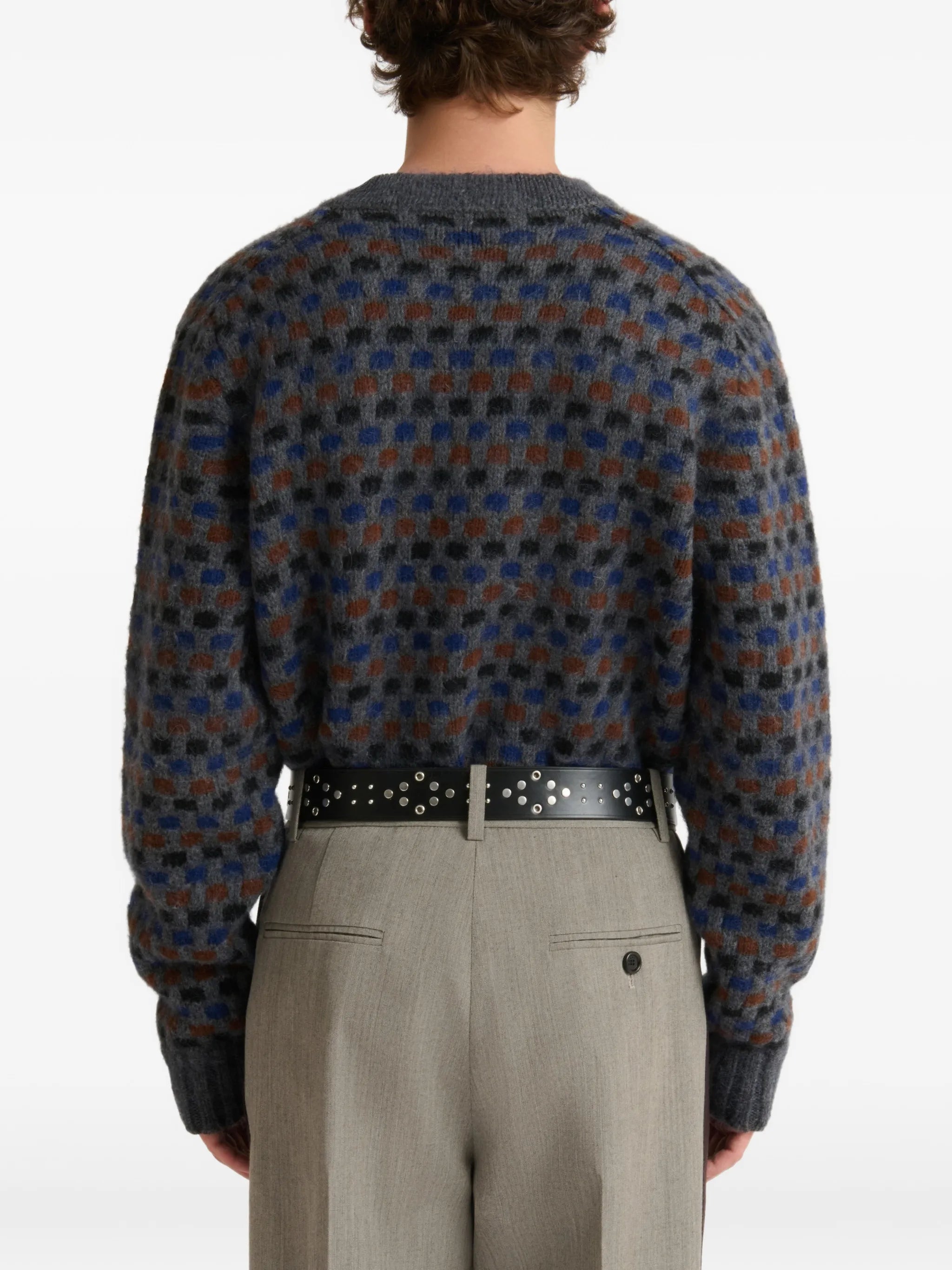 gray and blue Shetland wool jacquard cardigan