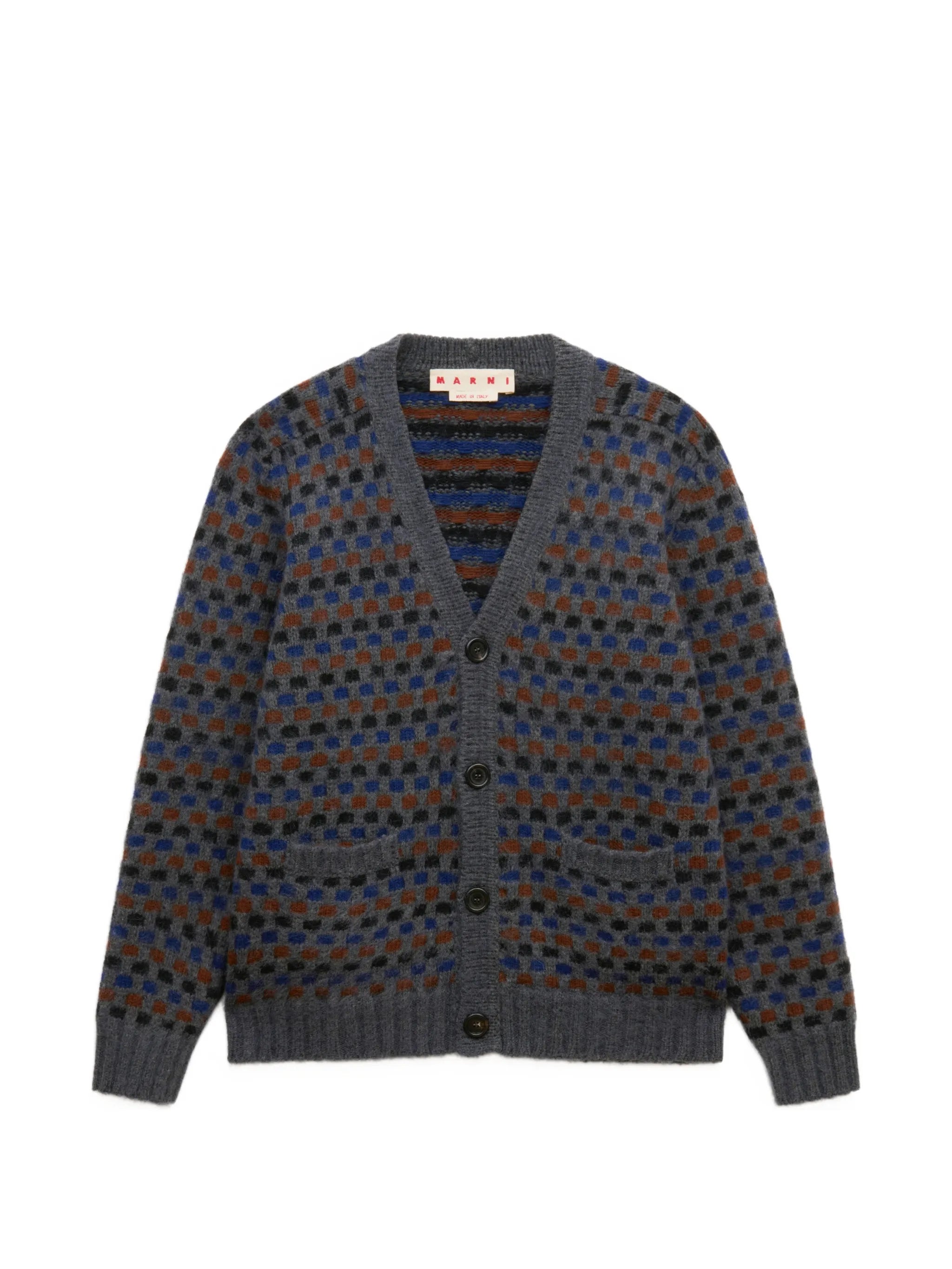 gray and blue Shetland wool jacquard cardigan