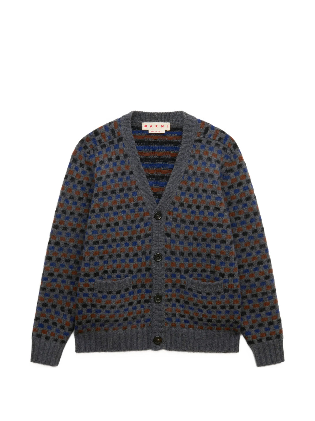 gray and blue Shetland wool jacquard cardigan
