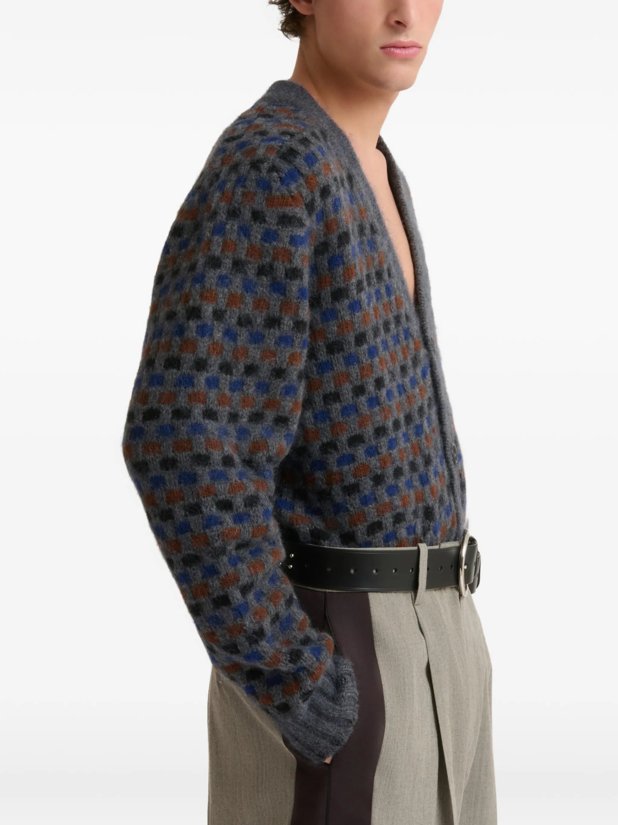 gray and blue Shetland wool jacquard cardigan