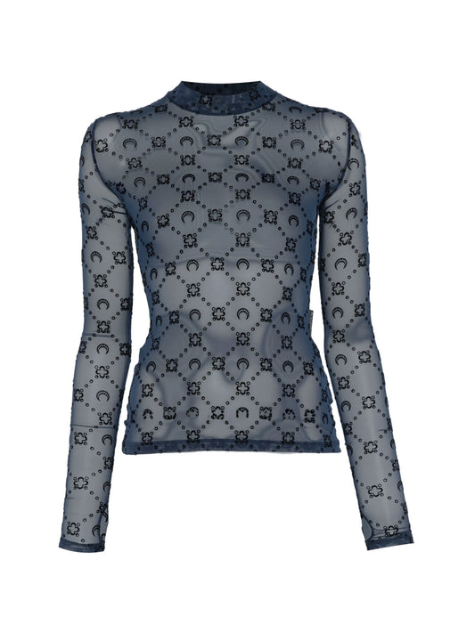Moonogram mesh flock long-sleeve highneck top