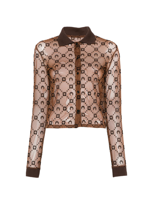 Moonogram mesh flock long sleeves polo shirt