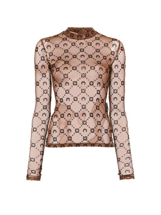 Moonogram mesh flock long sleeve highneck top