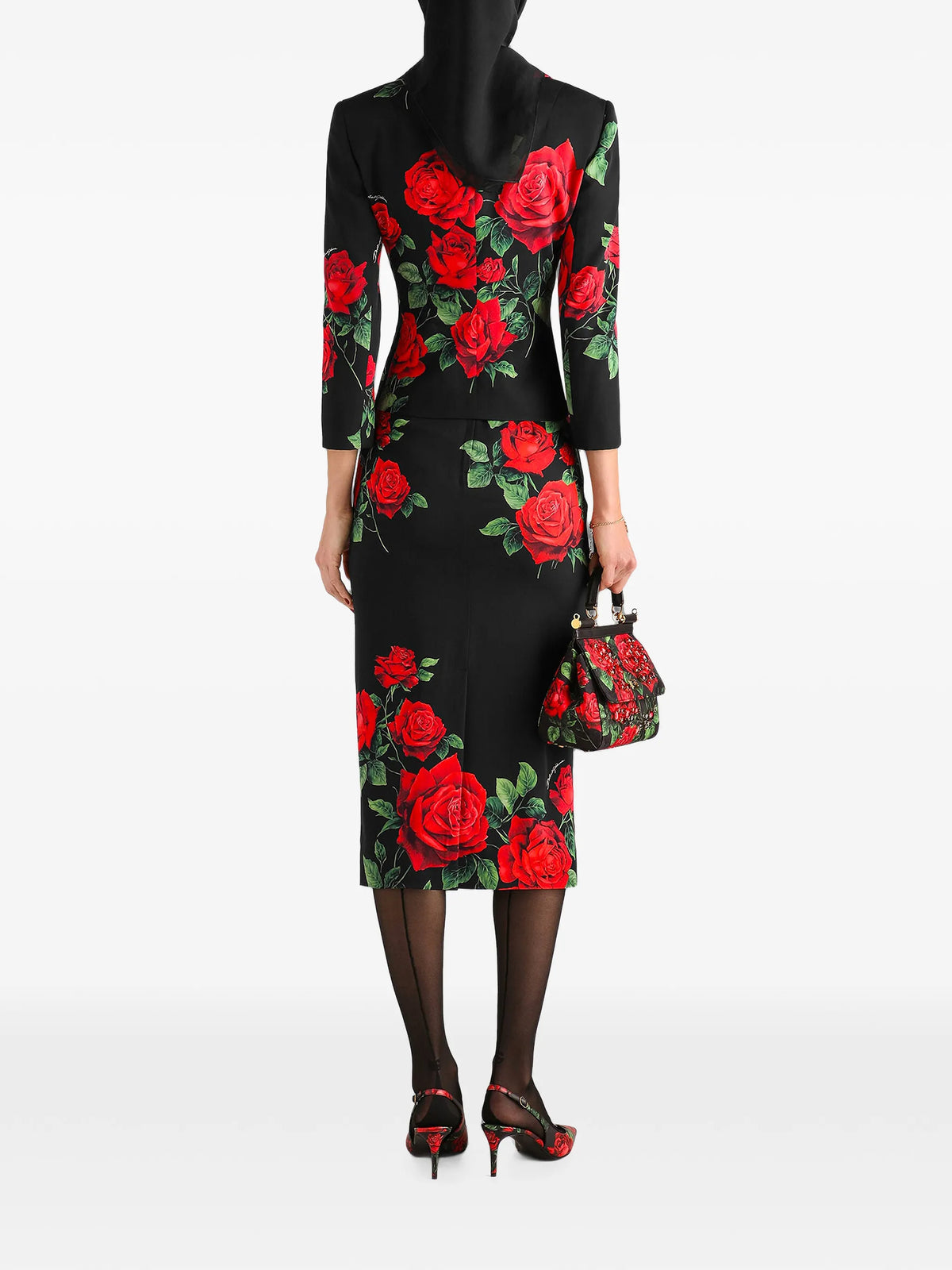 rose-print pencil midi skirt