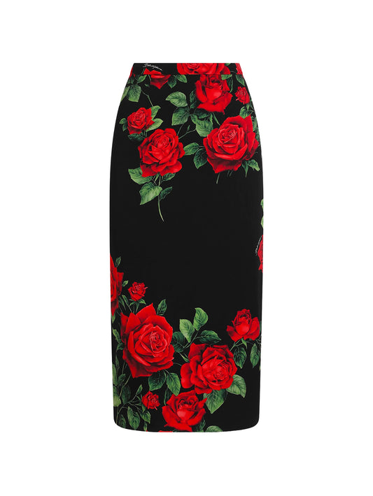 rose-print pencil midi skirt
