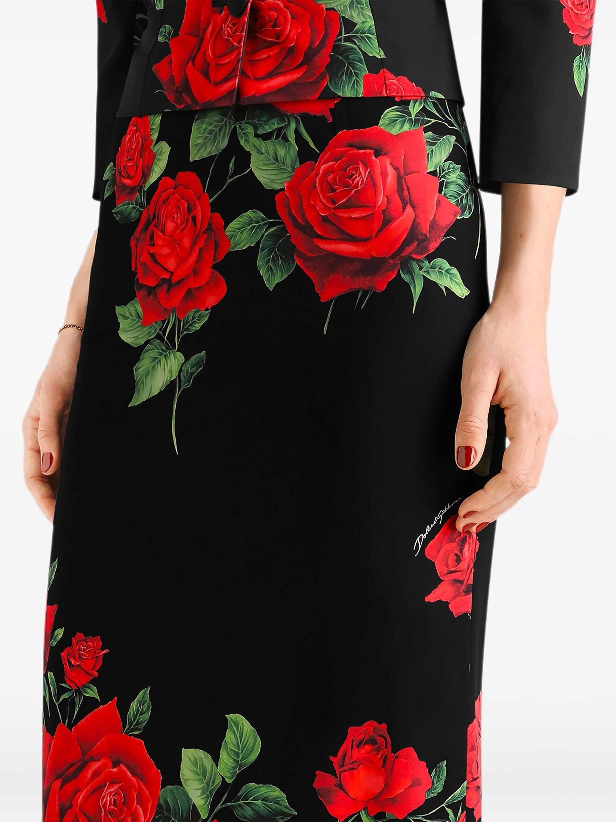 rose-print pencil midi skirt