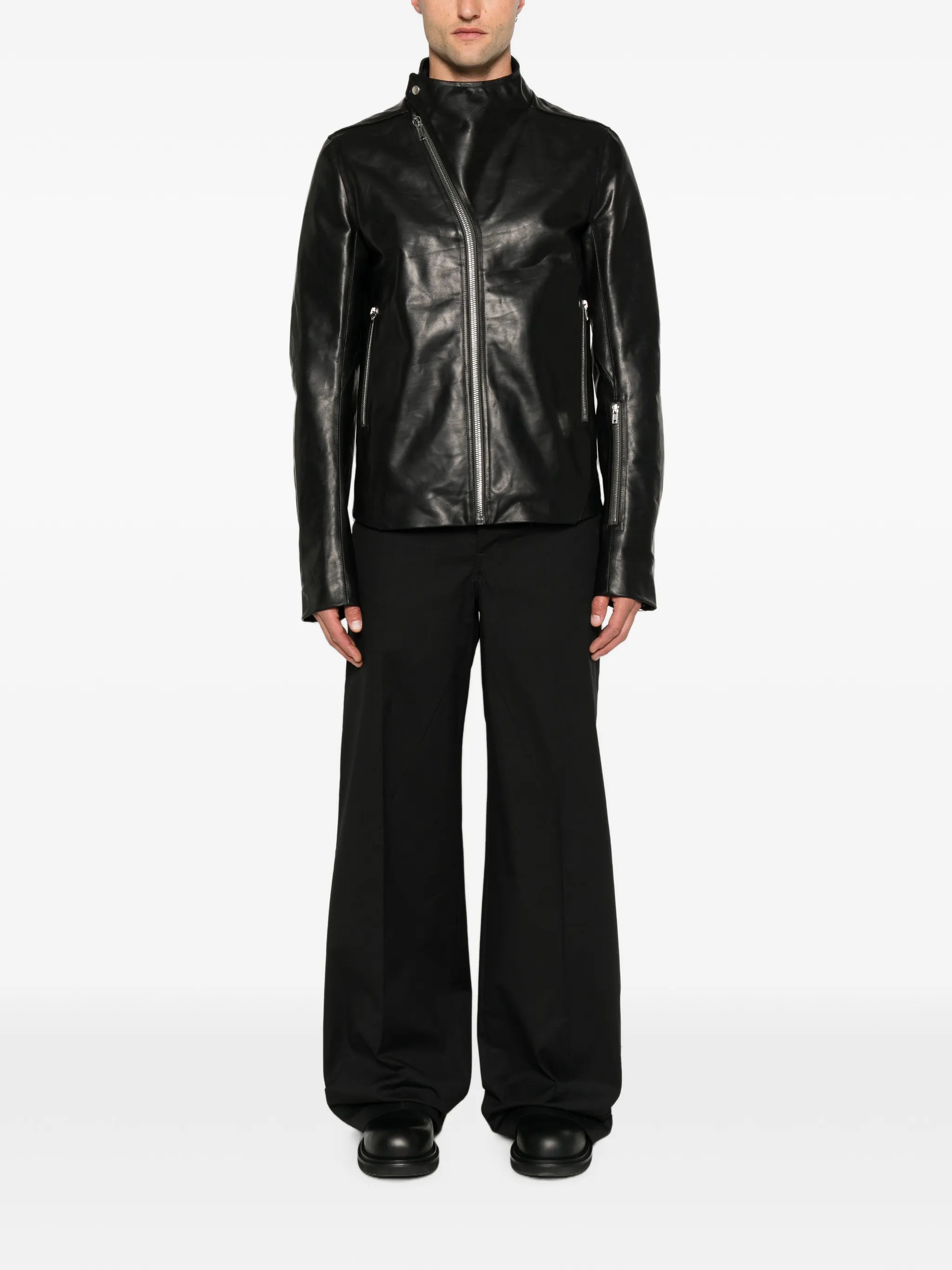Release asymmetric-zip leather jacket