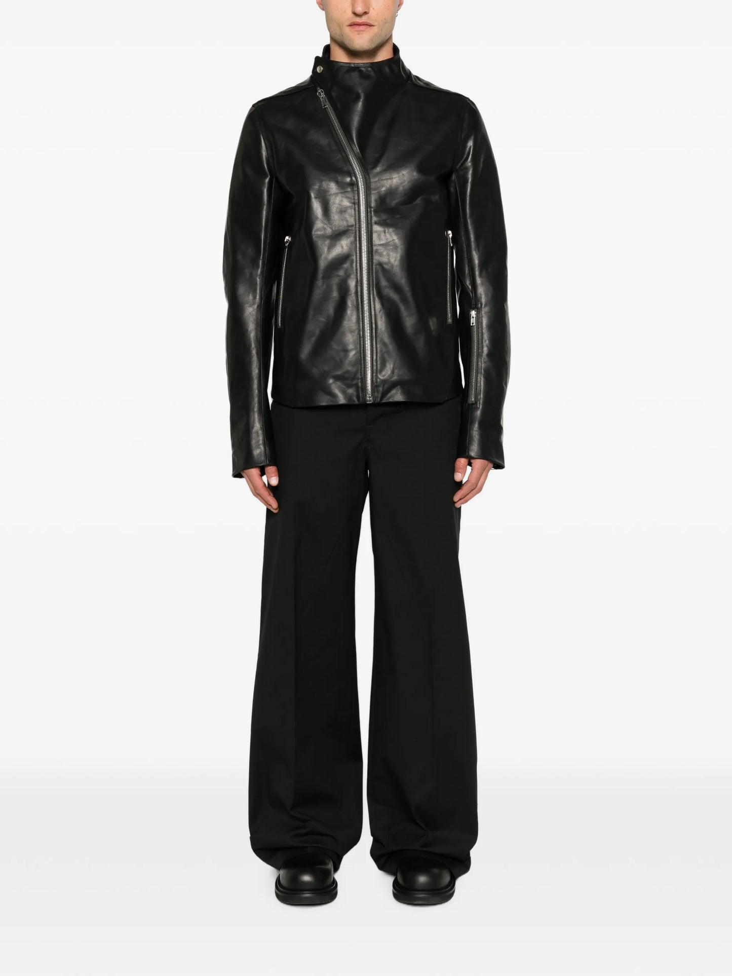 Release asymmetric-zip leather jacket