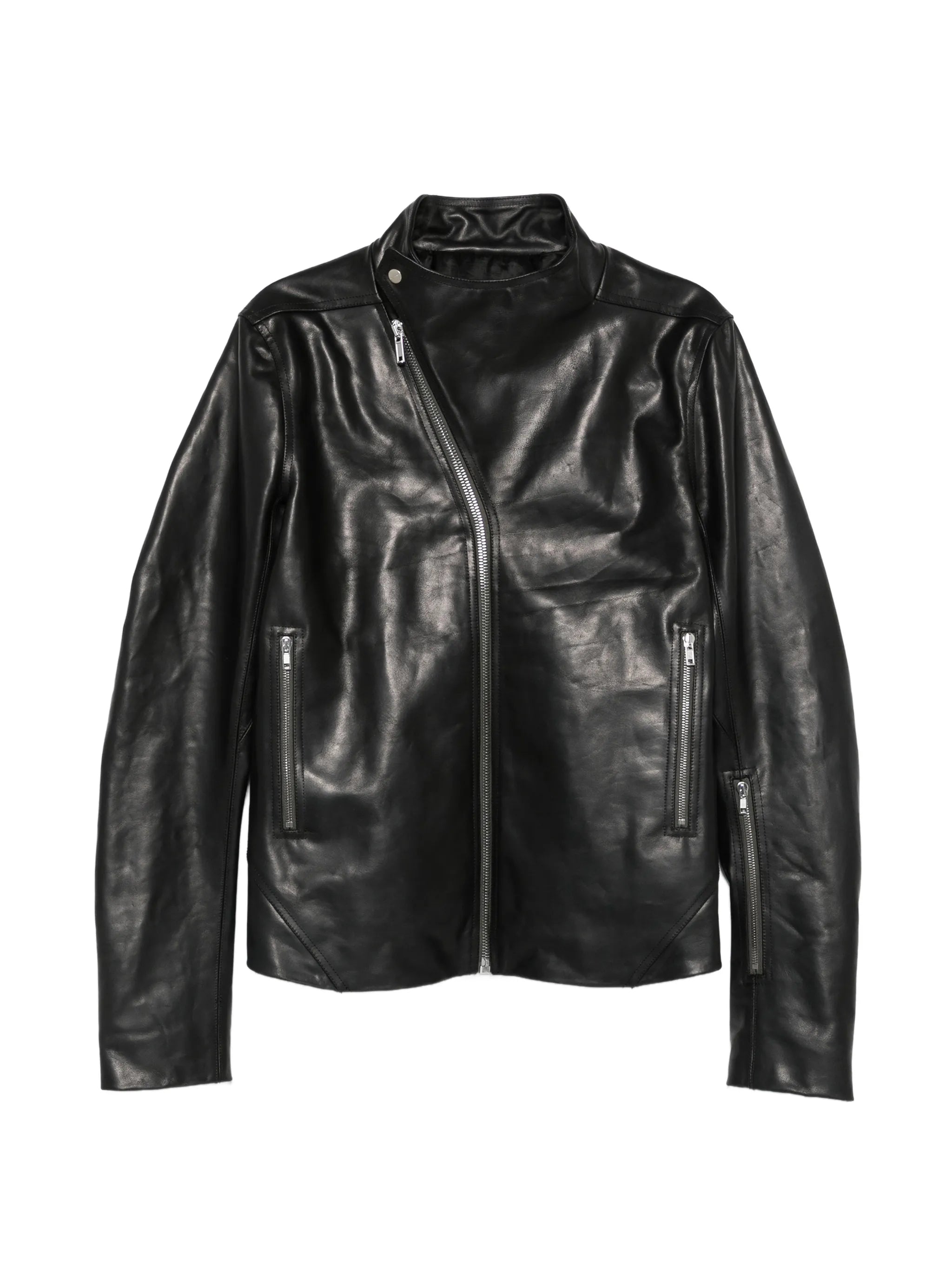 Release asymmetric-zip leather jacket