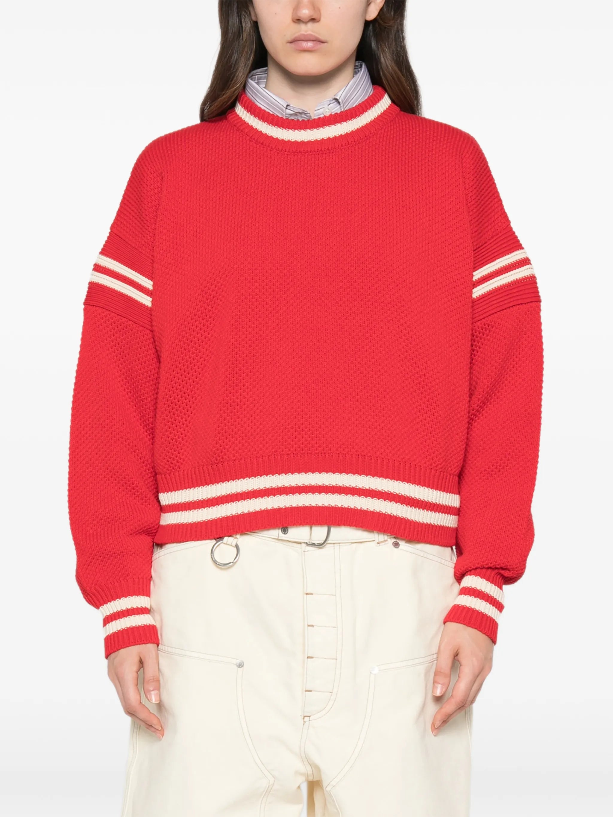 boxy sweater in red cotton with embroidery