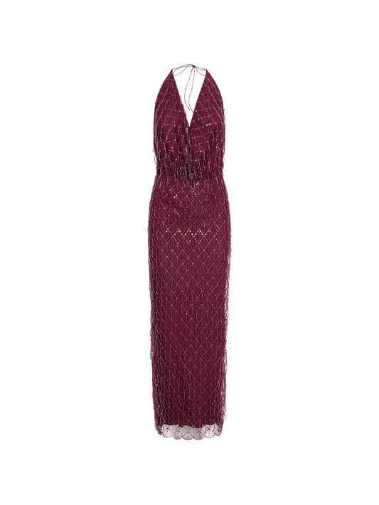 sequins halterneck dress in dark red