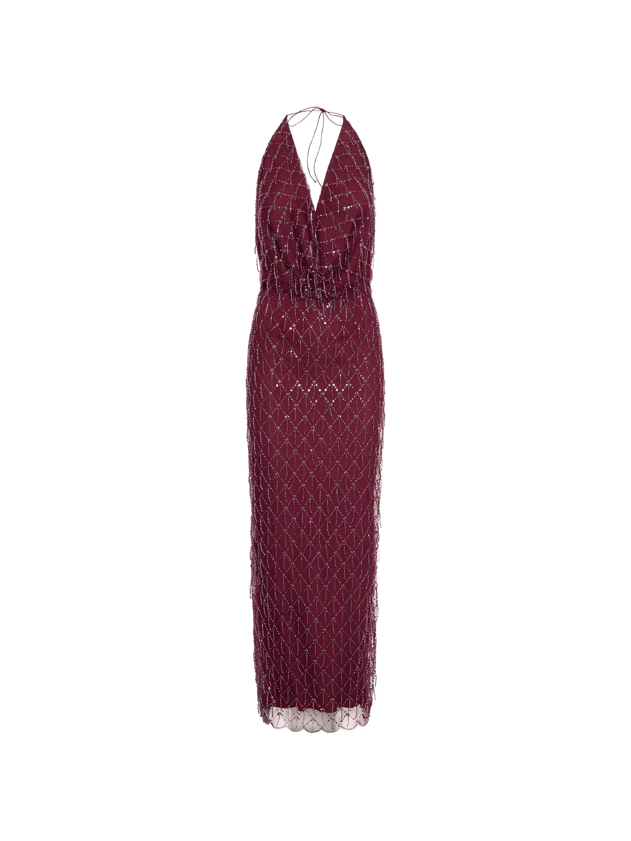 sequins halterneck dress dark red