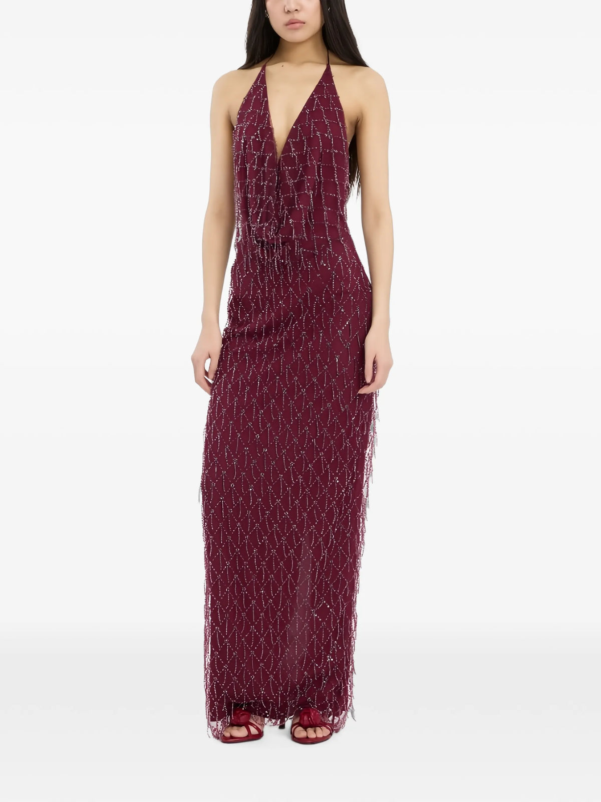 sequins halterneck dress dark red