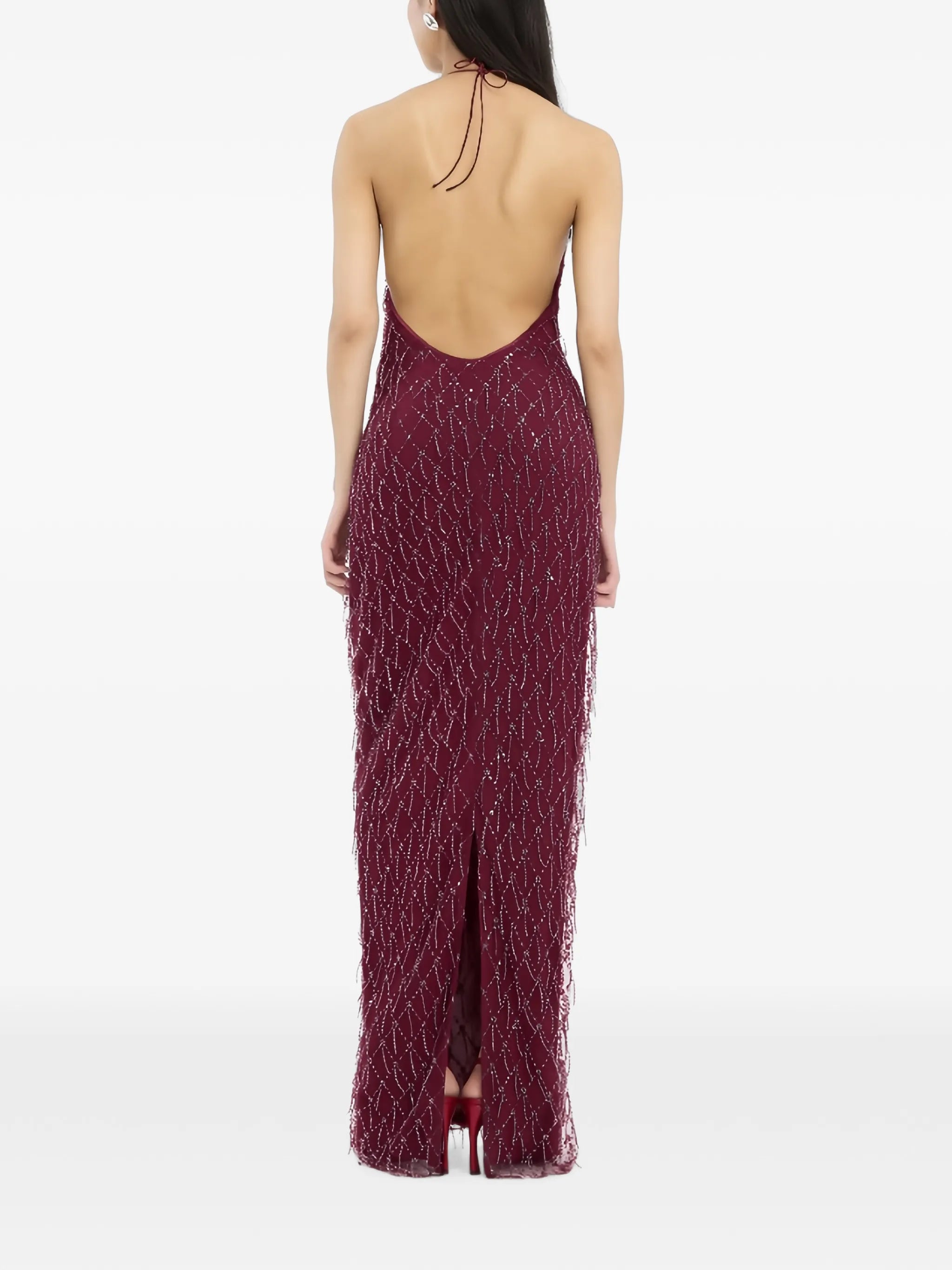 sequins halterneck dress dark red