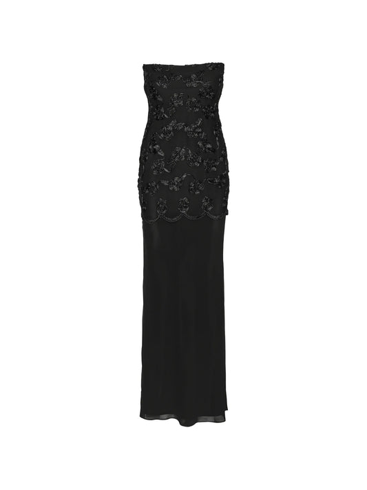 flower mesh sleeveless maxi dress in black
