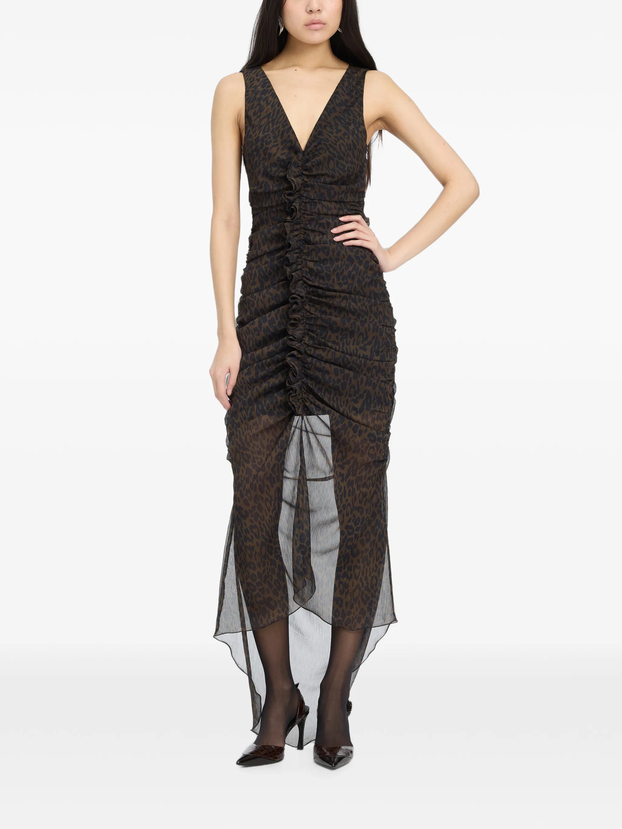 ruched midi leopard dress brown
