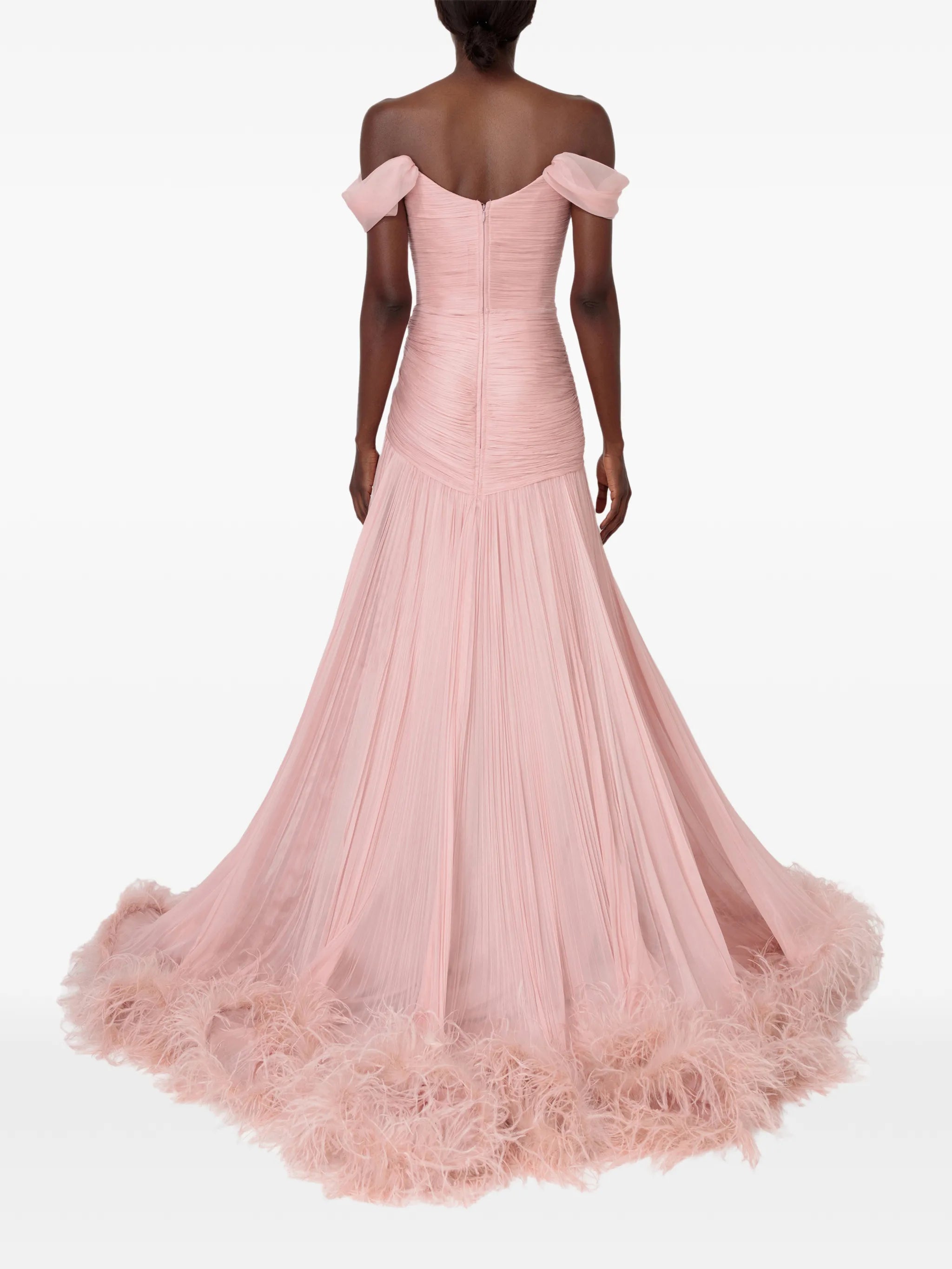 Petal flare silk gown with off-shoulder sleeves and feathers trim