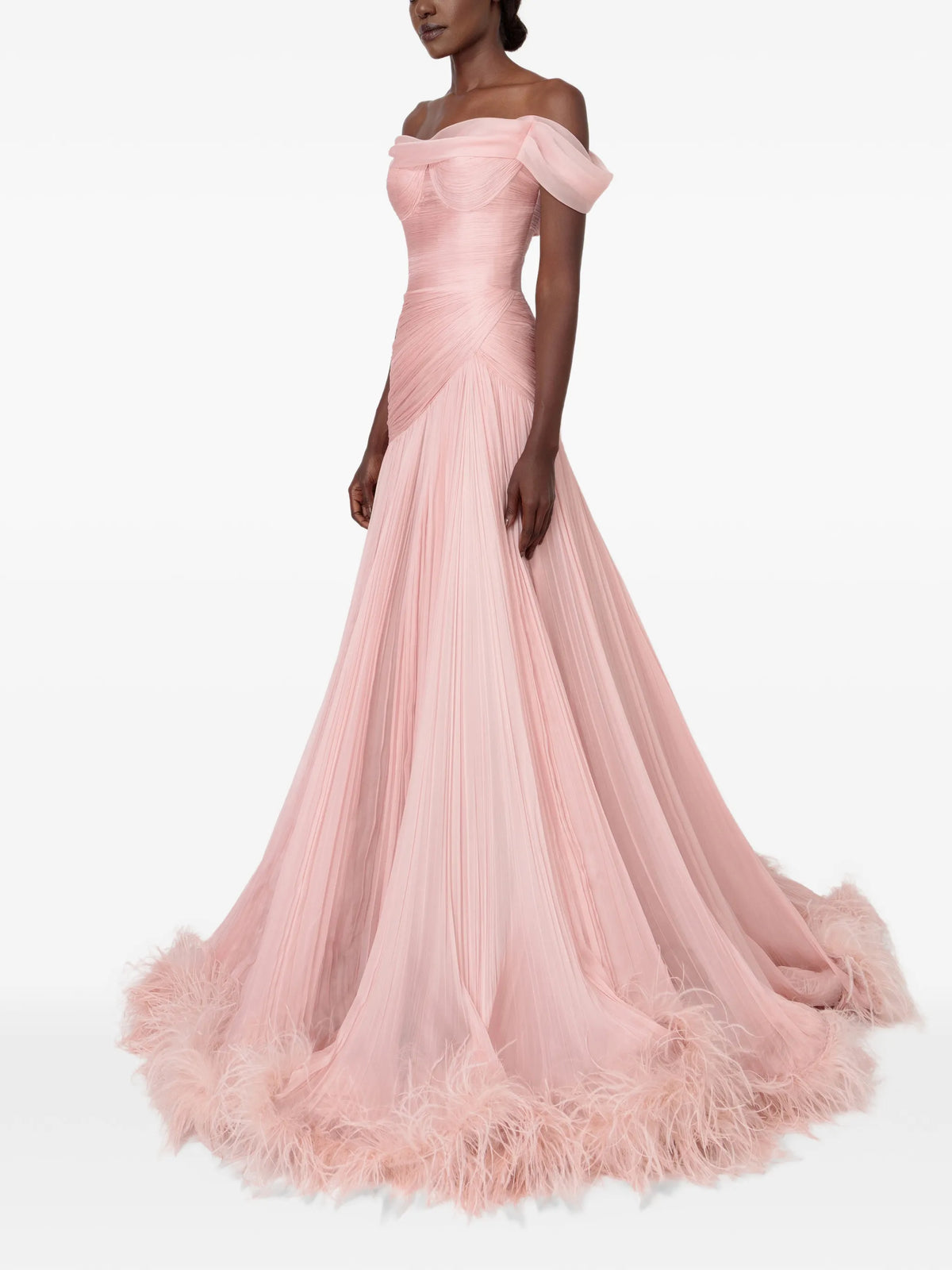 Petal flare silk gown with off-shoulder sleeves and feathers trim