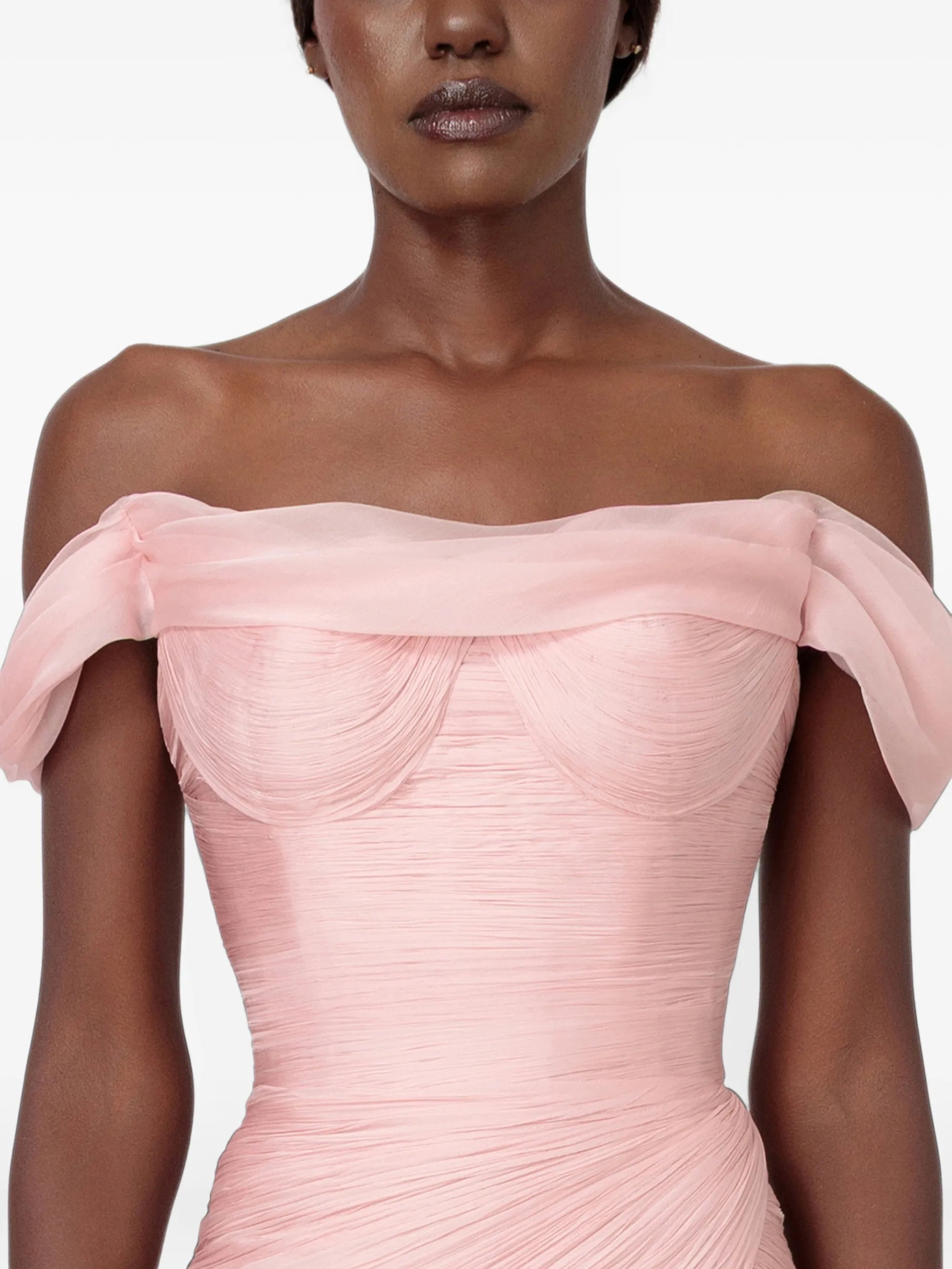 Petal flare silk gown with off-shoulder sleeves and feathers trim