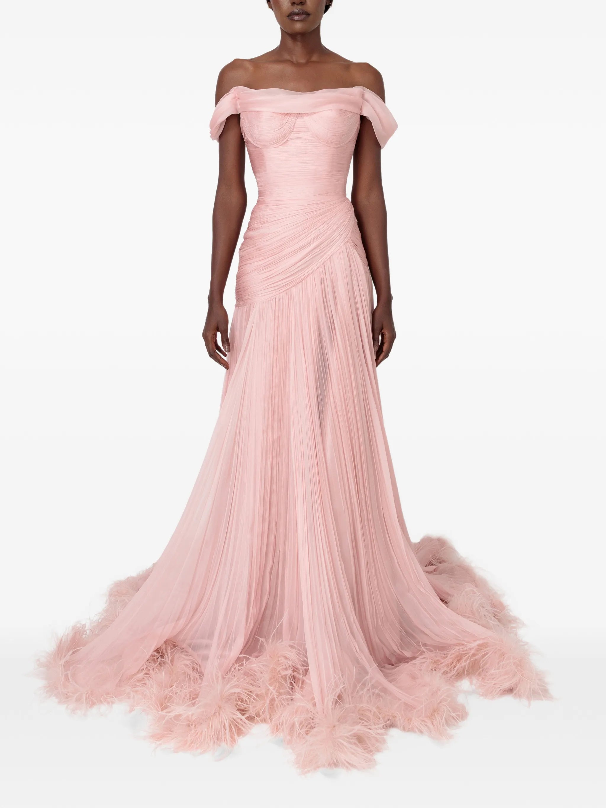 Petal flare silk gown with off-shoulder sleeves and feathers trim