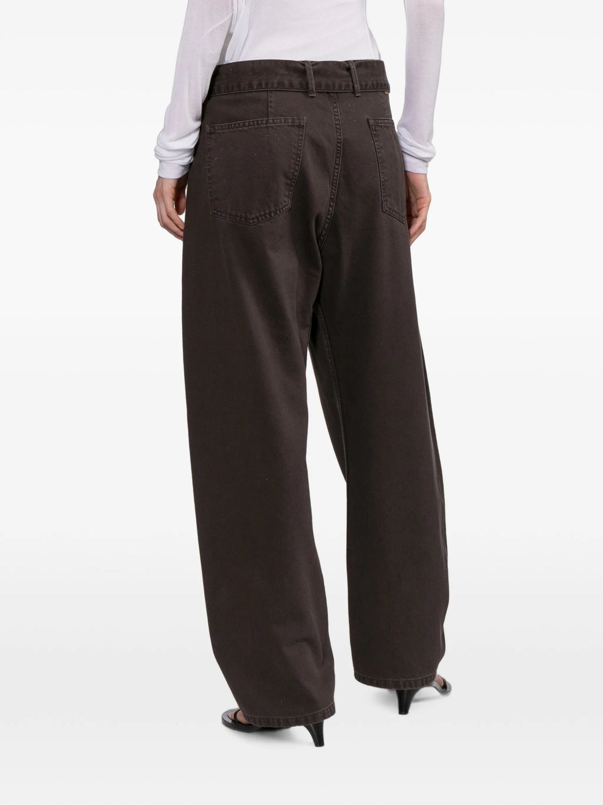 denim low-rise belted trousers in brown