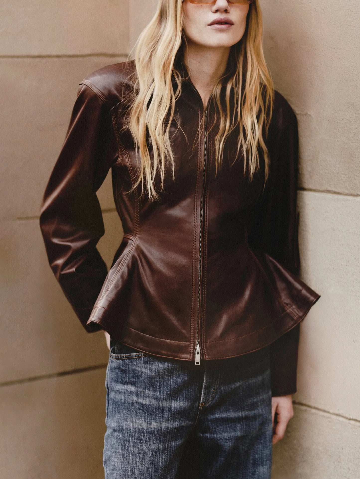 Bernadette peplum calf leather jacket