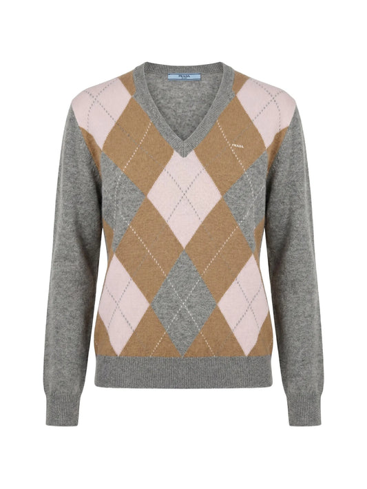 argyle-pattern V-neck sweater