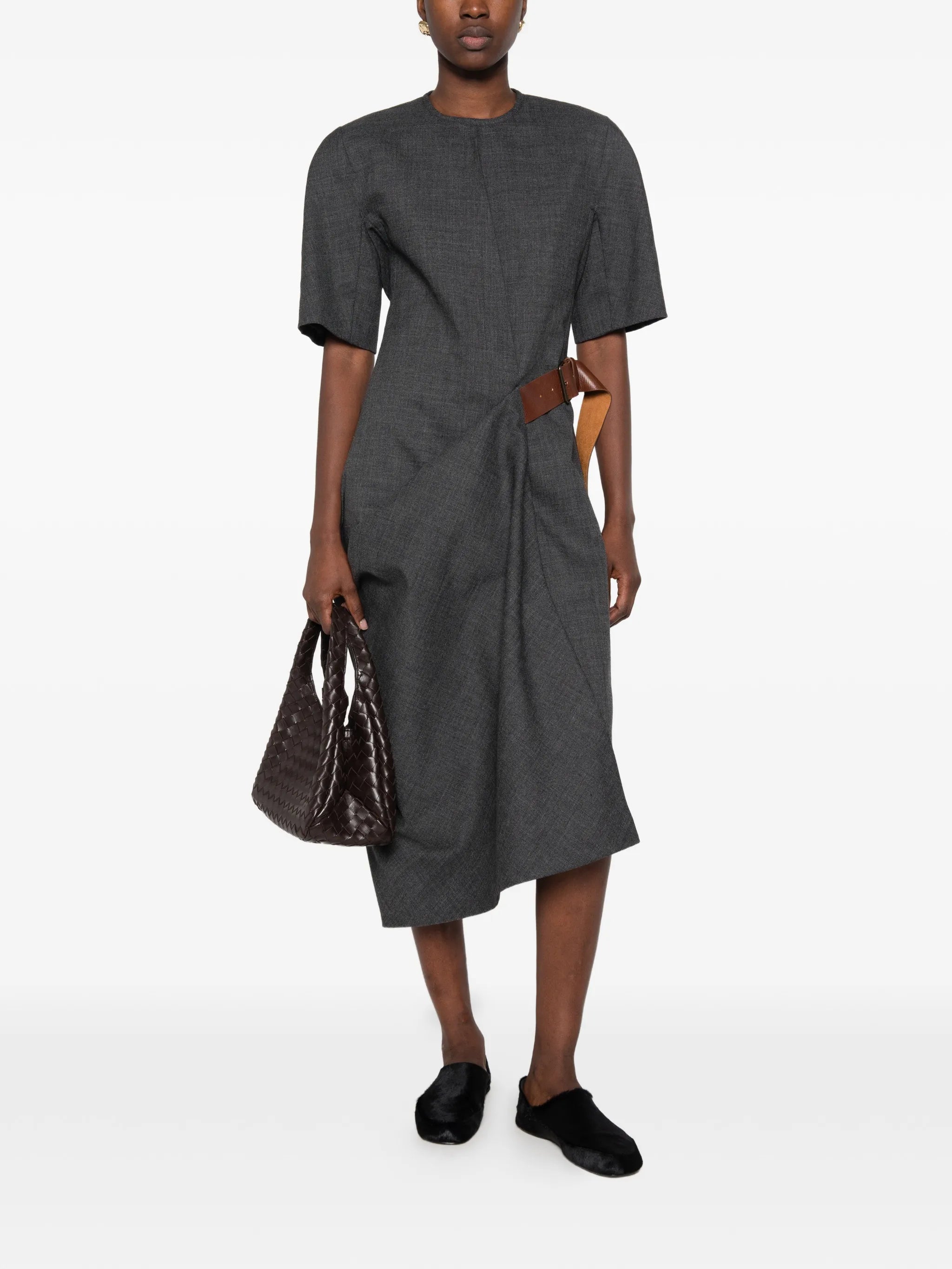 belted draped midi dress
