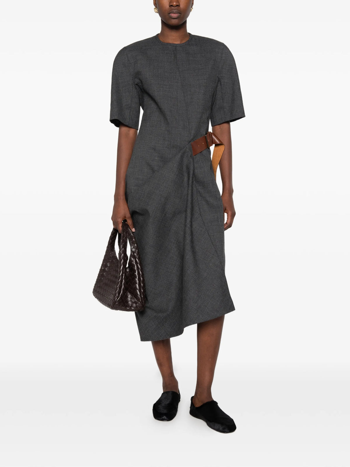 belted draped midi dress