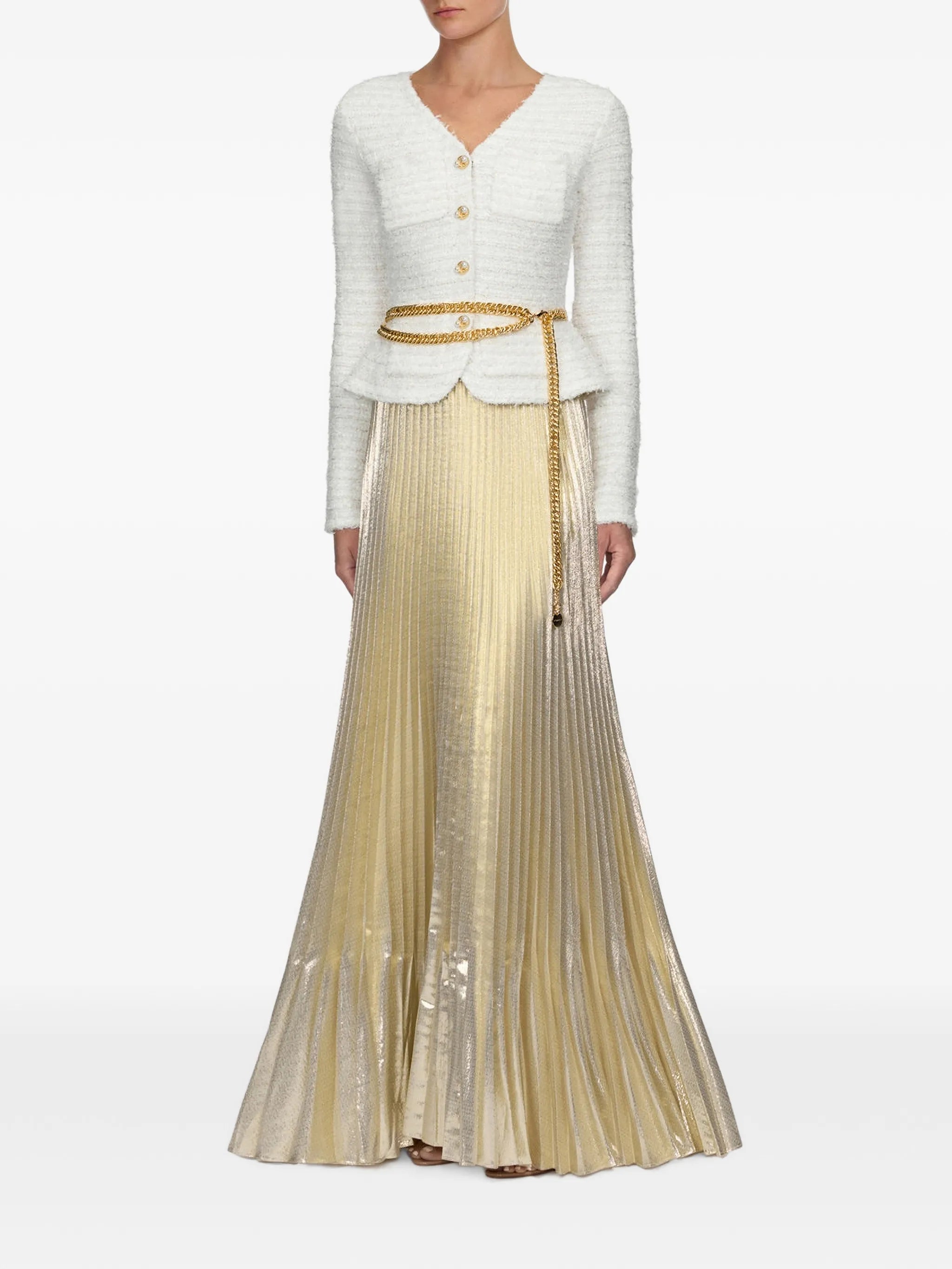 cream textured knit metallic chiffon maxi dress