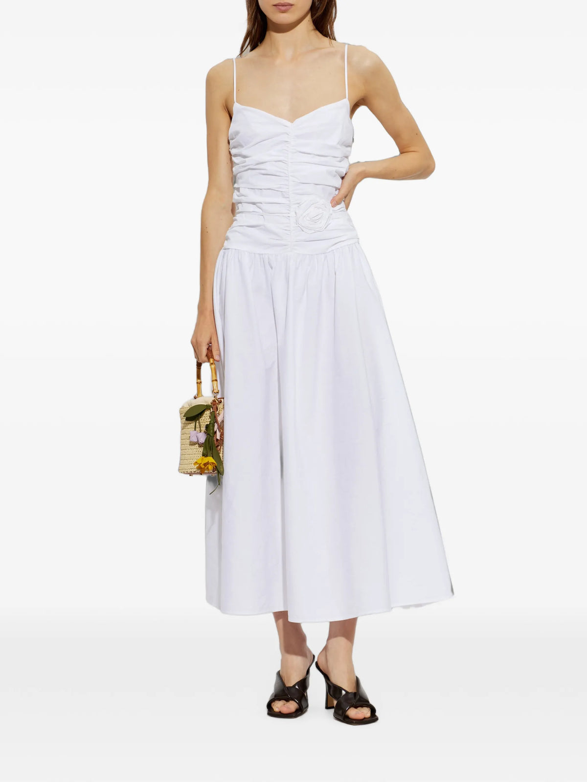 flower-detail ruched midi dress