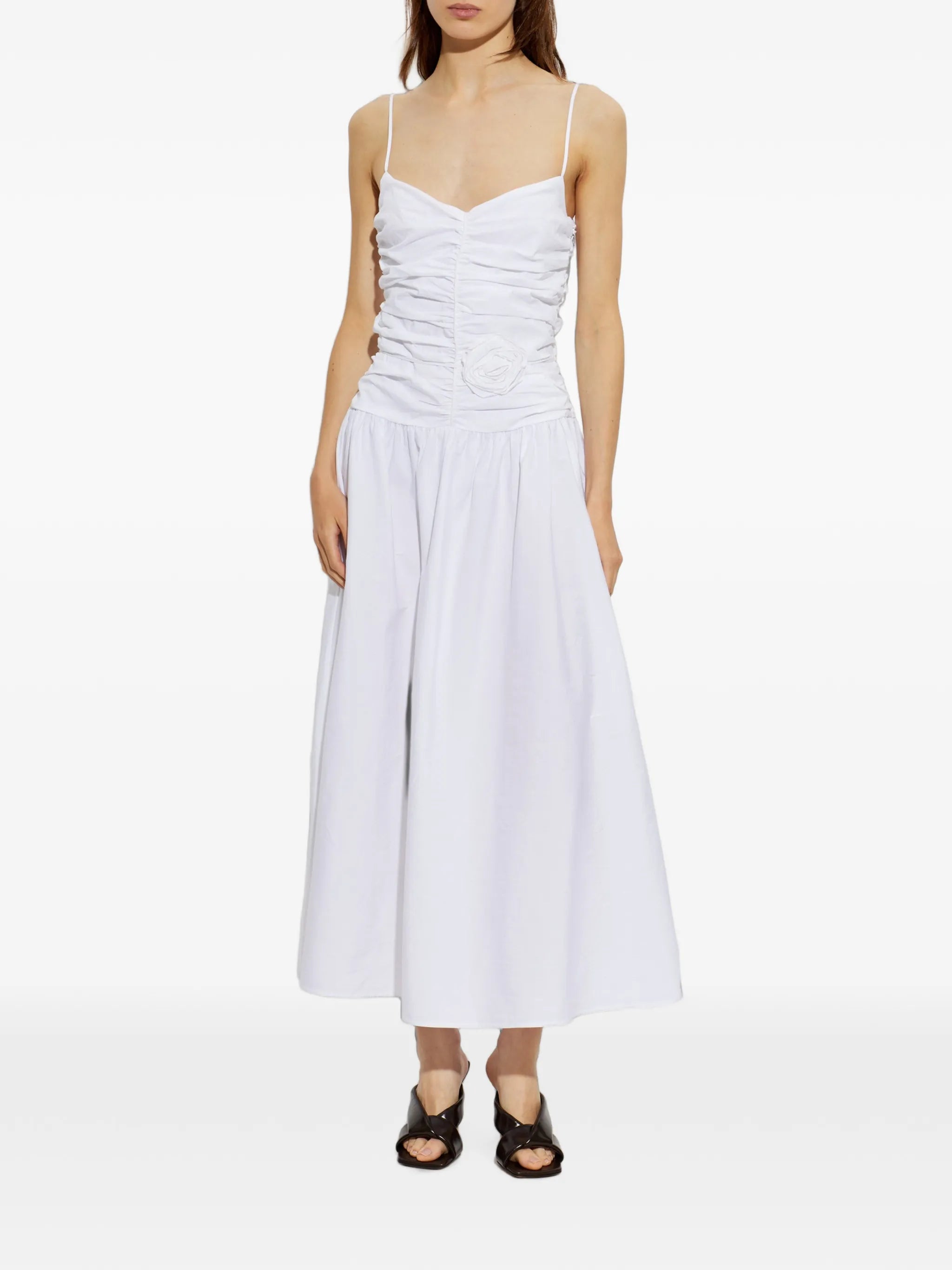 flower-detail ruched midi dress