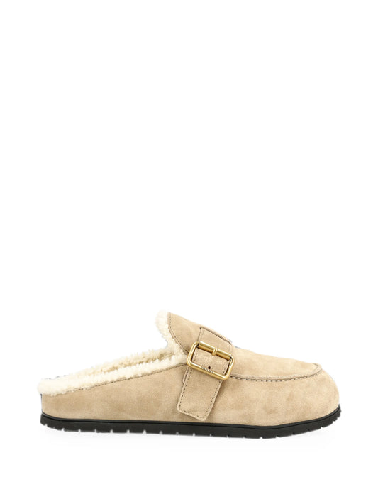 buckle-fastening shearling-lined mules