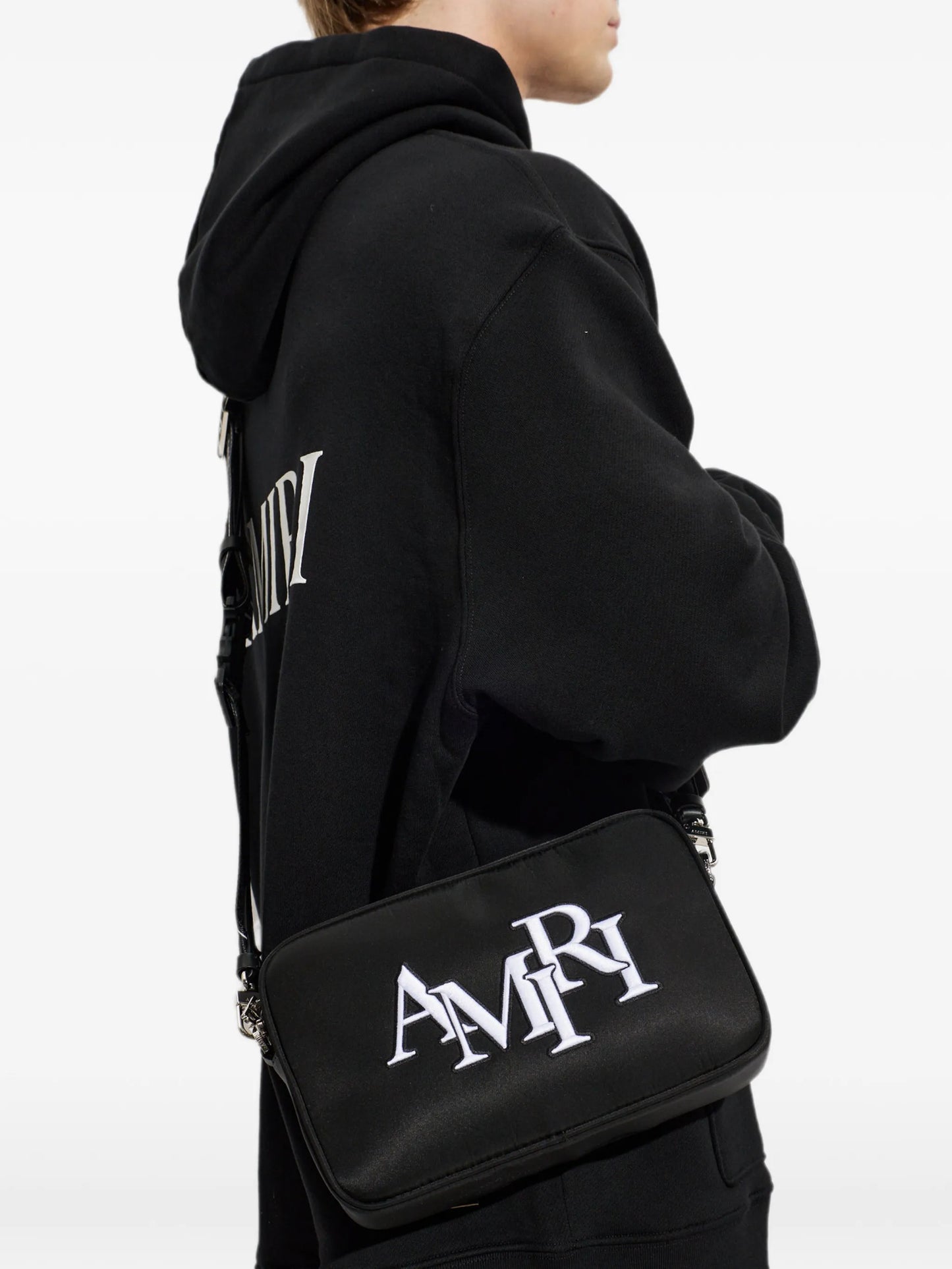 Staggered logo-embroidered messenger bag