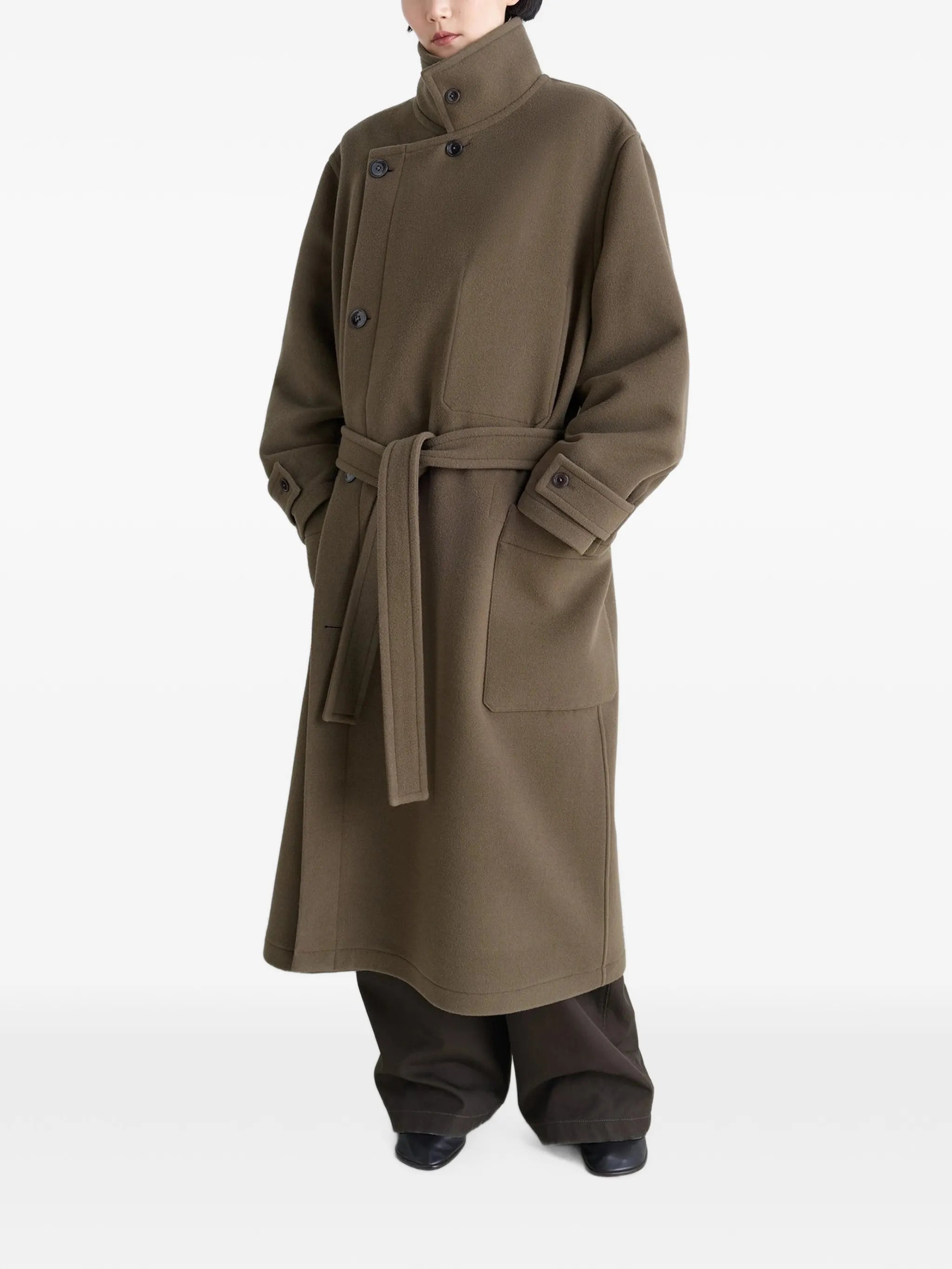 belted wrap-design coat