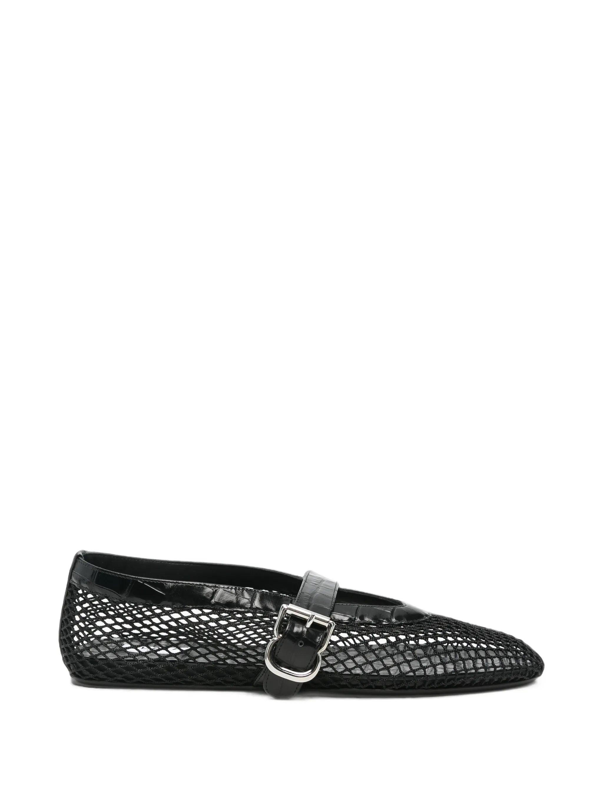 Ballet flats in fishnet and crocodile embossed calfskin