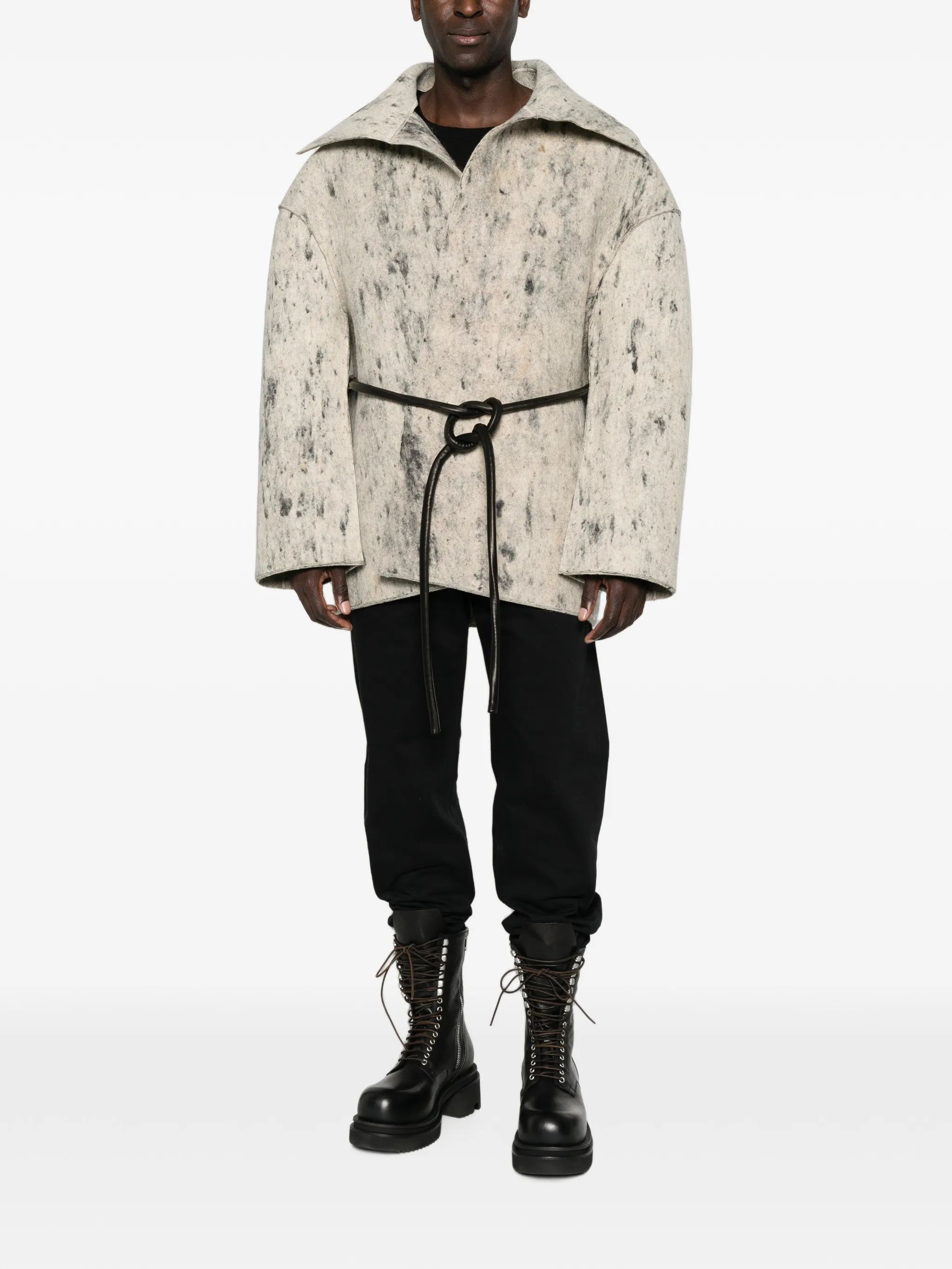 Tower Runway Dracucollar jacket in wool whipcord and waxy lamb leather