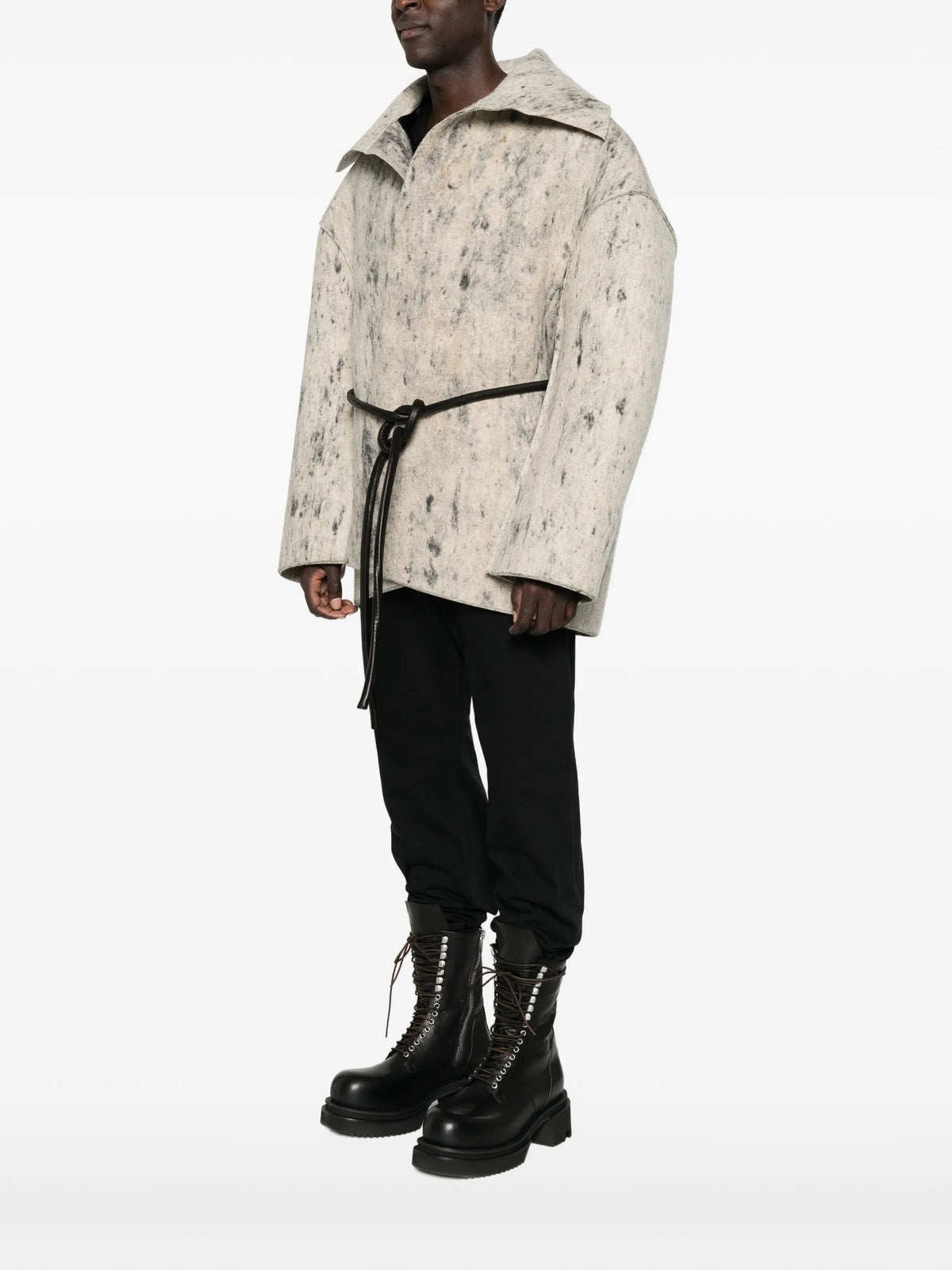 Tower Runway Dracucollar jacket in wool whipcord and waxy lamb leather