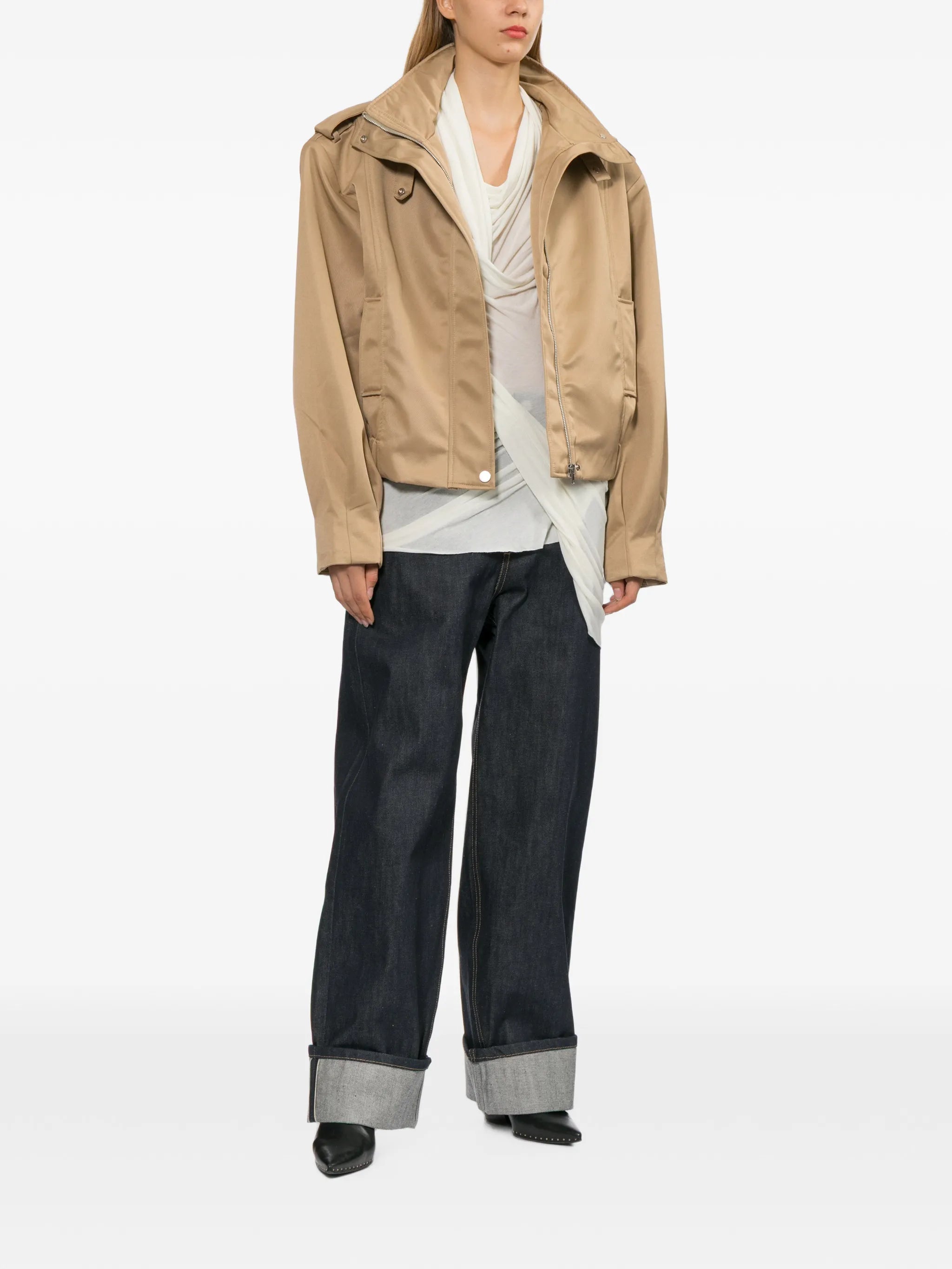 high-neck epaulette-detail jacket