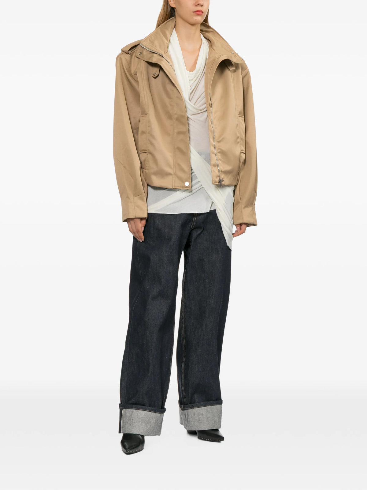 high-neck epaulette-detail jacket