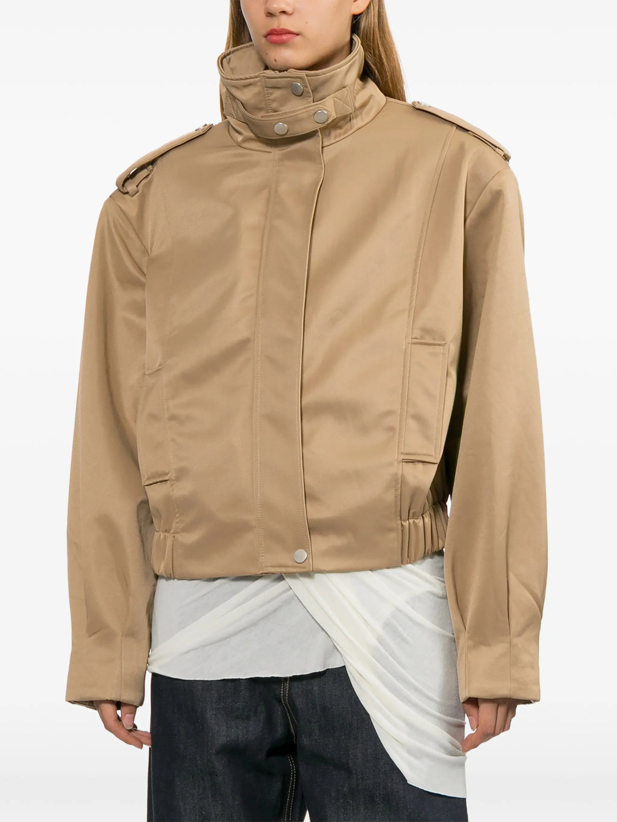 high-neck epaulette-detail jacket