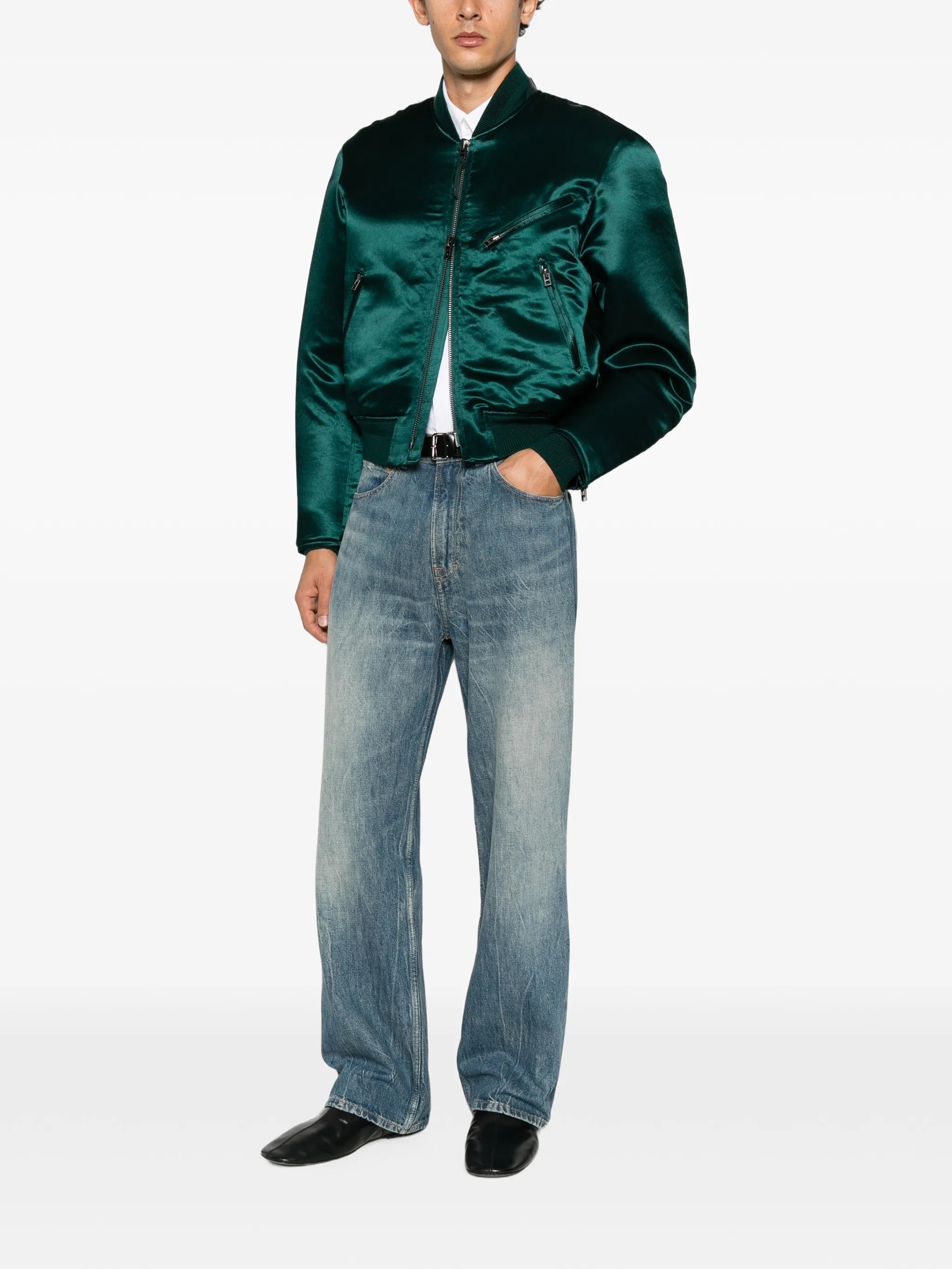 biker-style satin bomber jacket