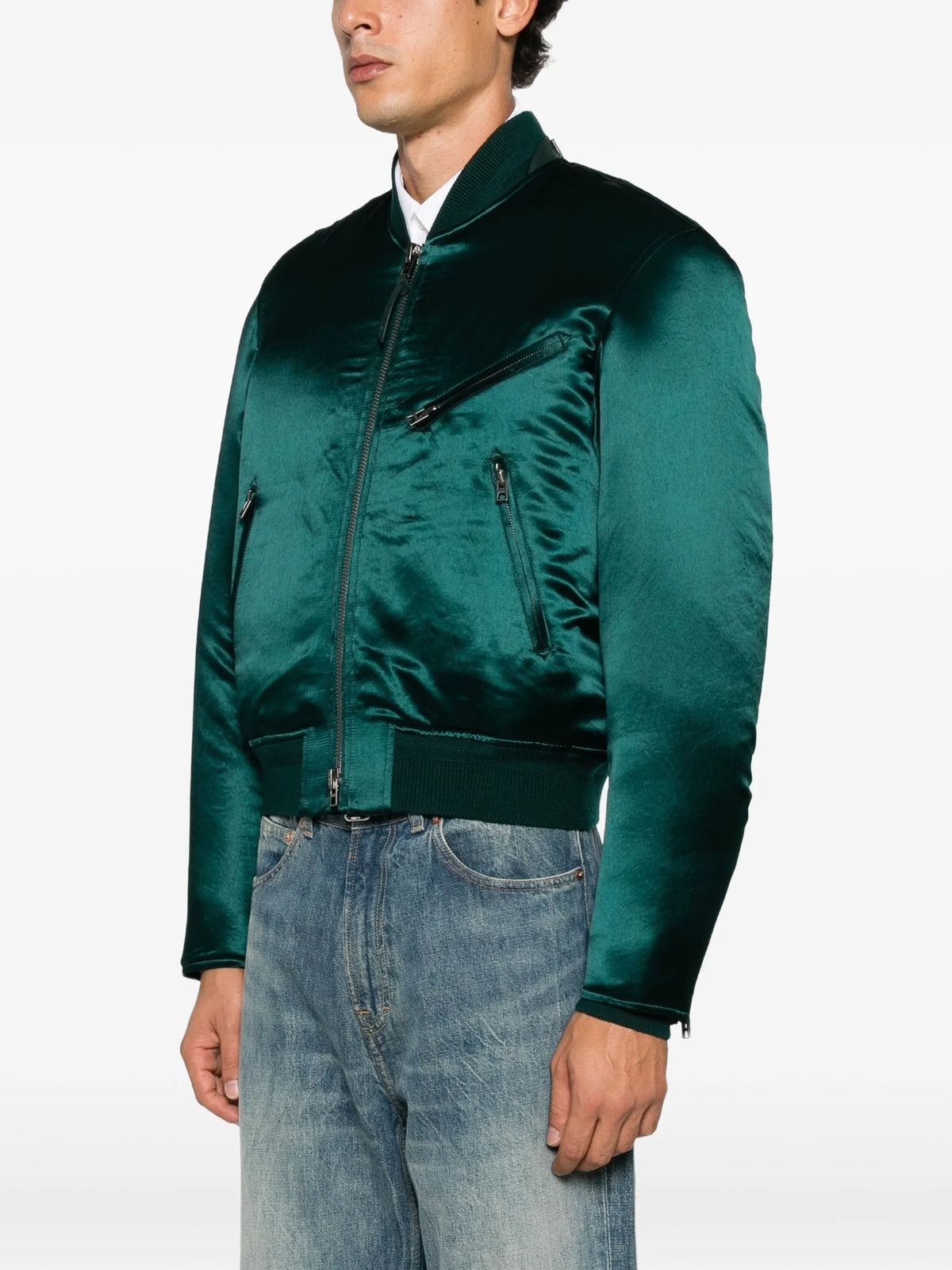 biker-style satin bomber jacket