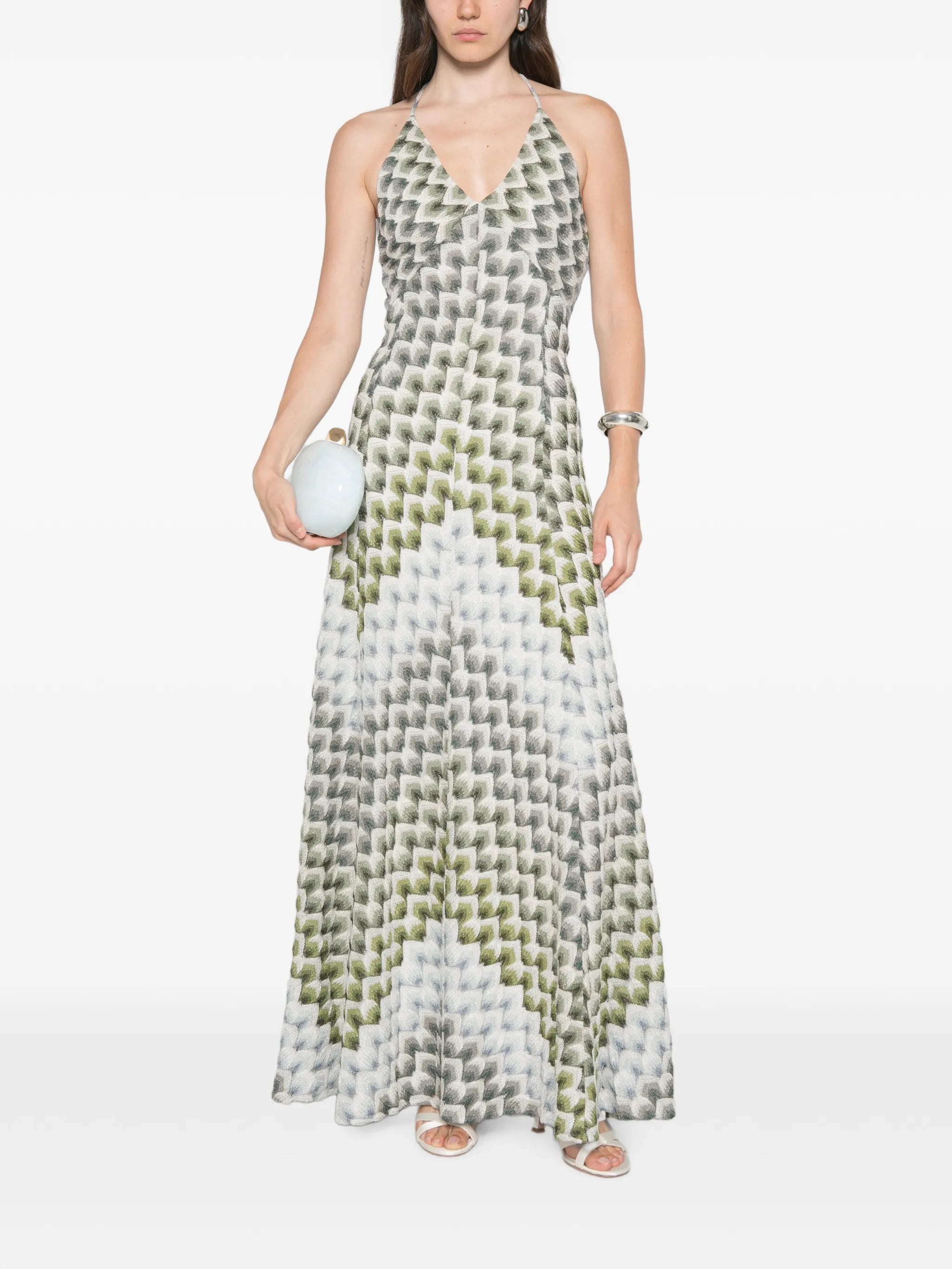 long lamé dress with crossed straps