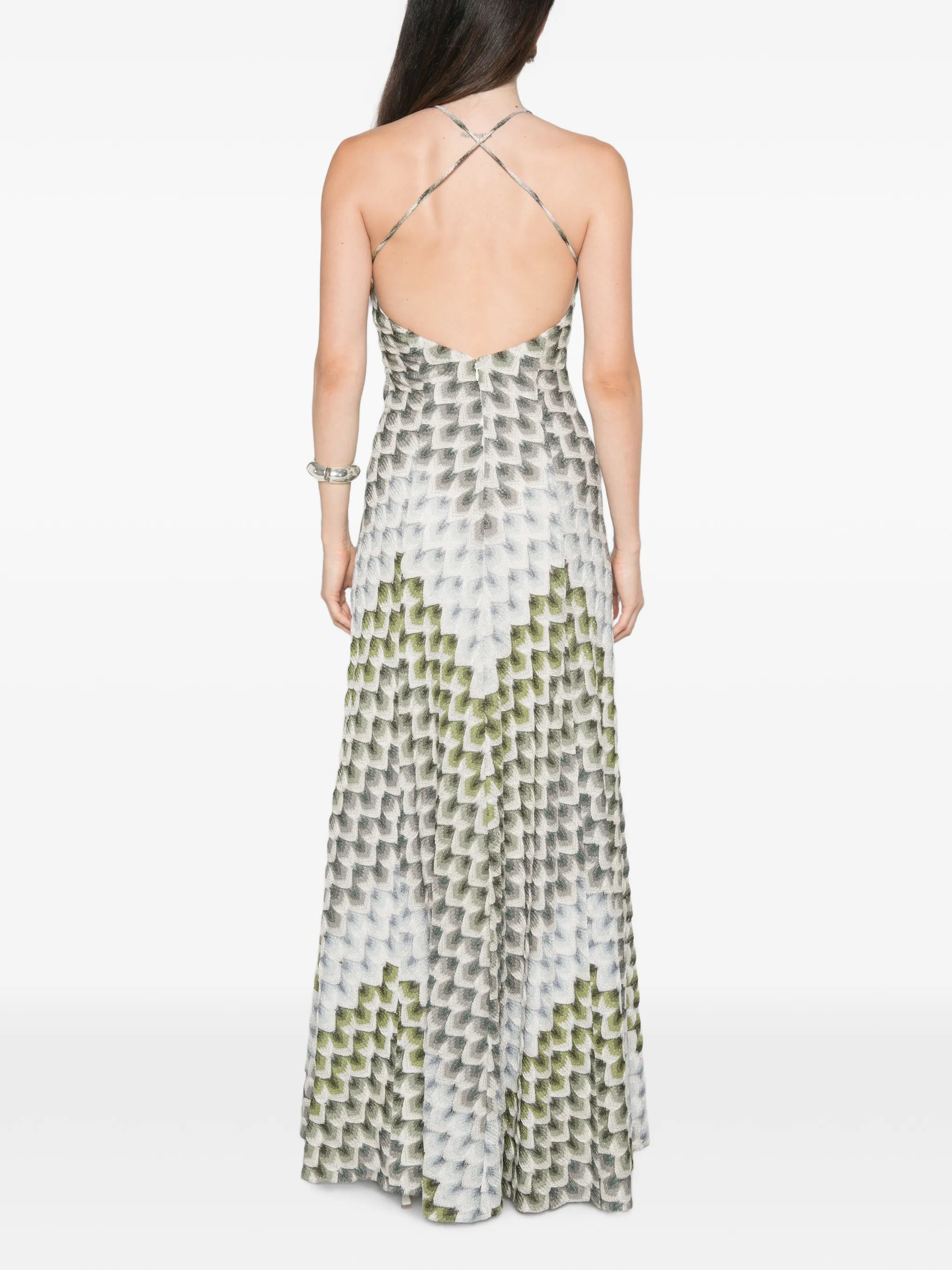 long lamé dress with crossed straps