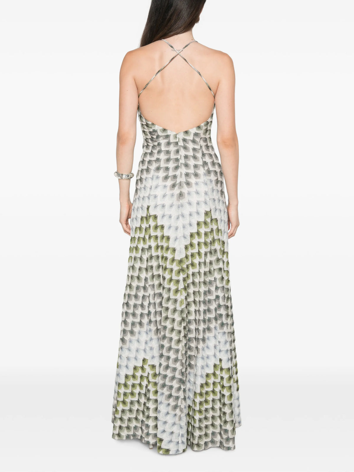 long lamé dress with crossed straps