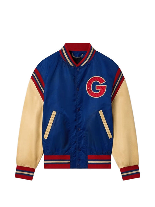 men's varsity bomber jacket with leather sleeves