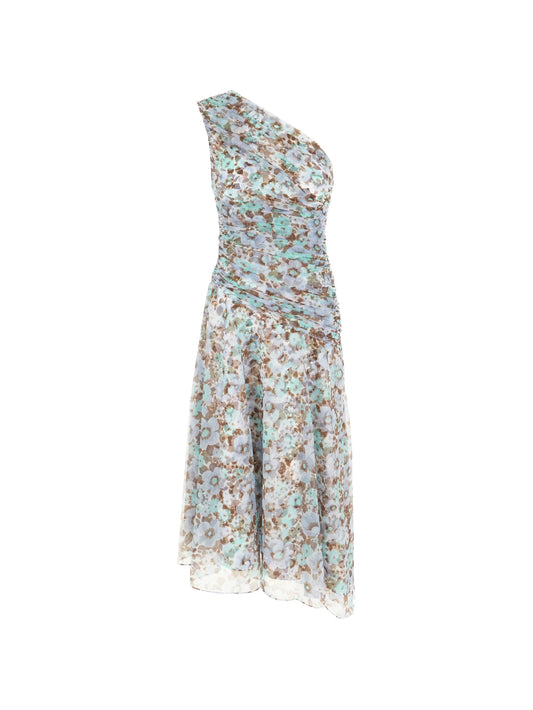 one-shoulder floral-print asymmetric dress