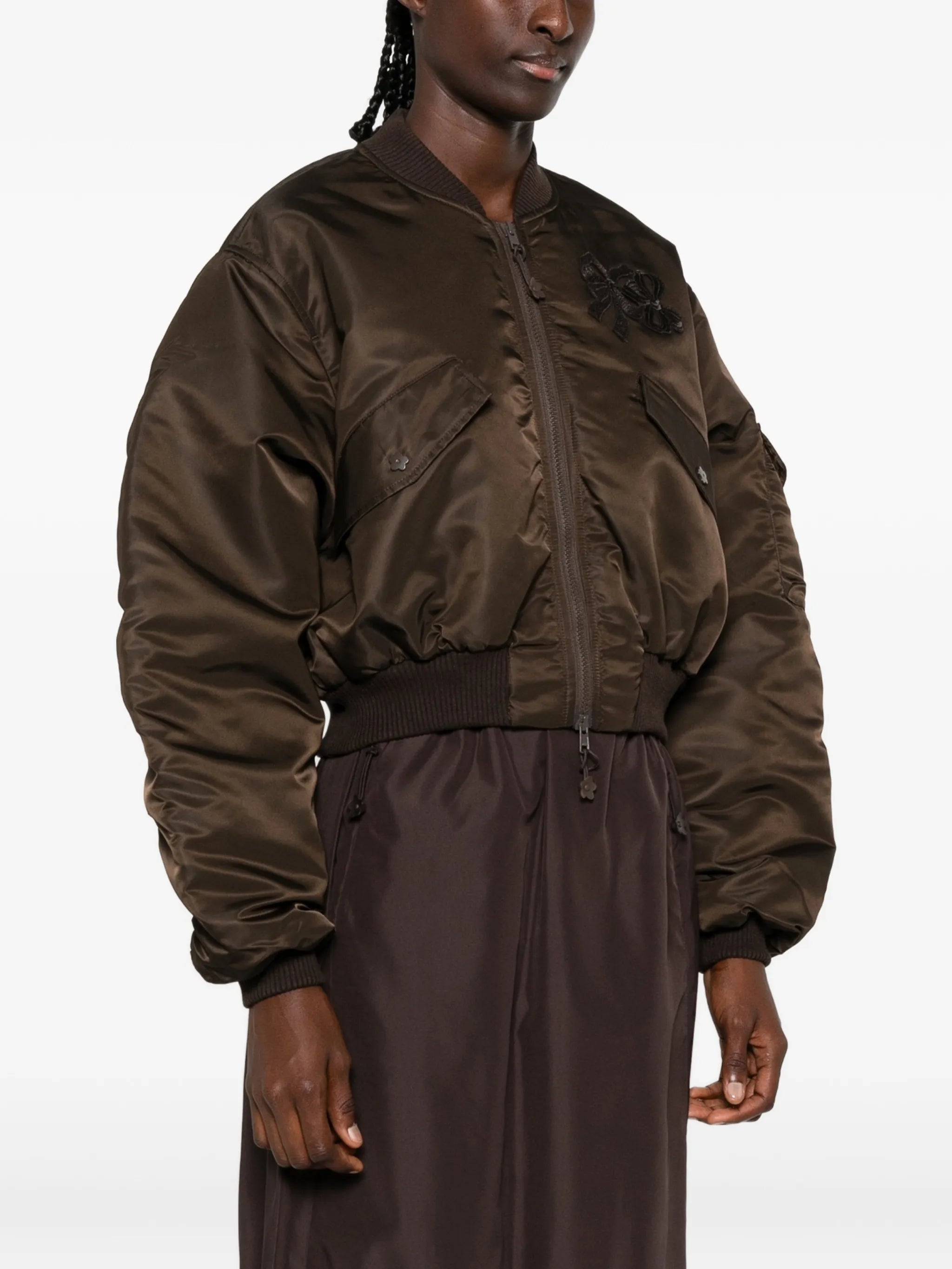 ruched-sleeve cropped bomber jacket