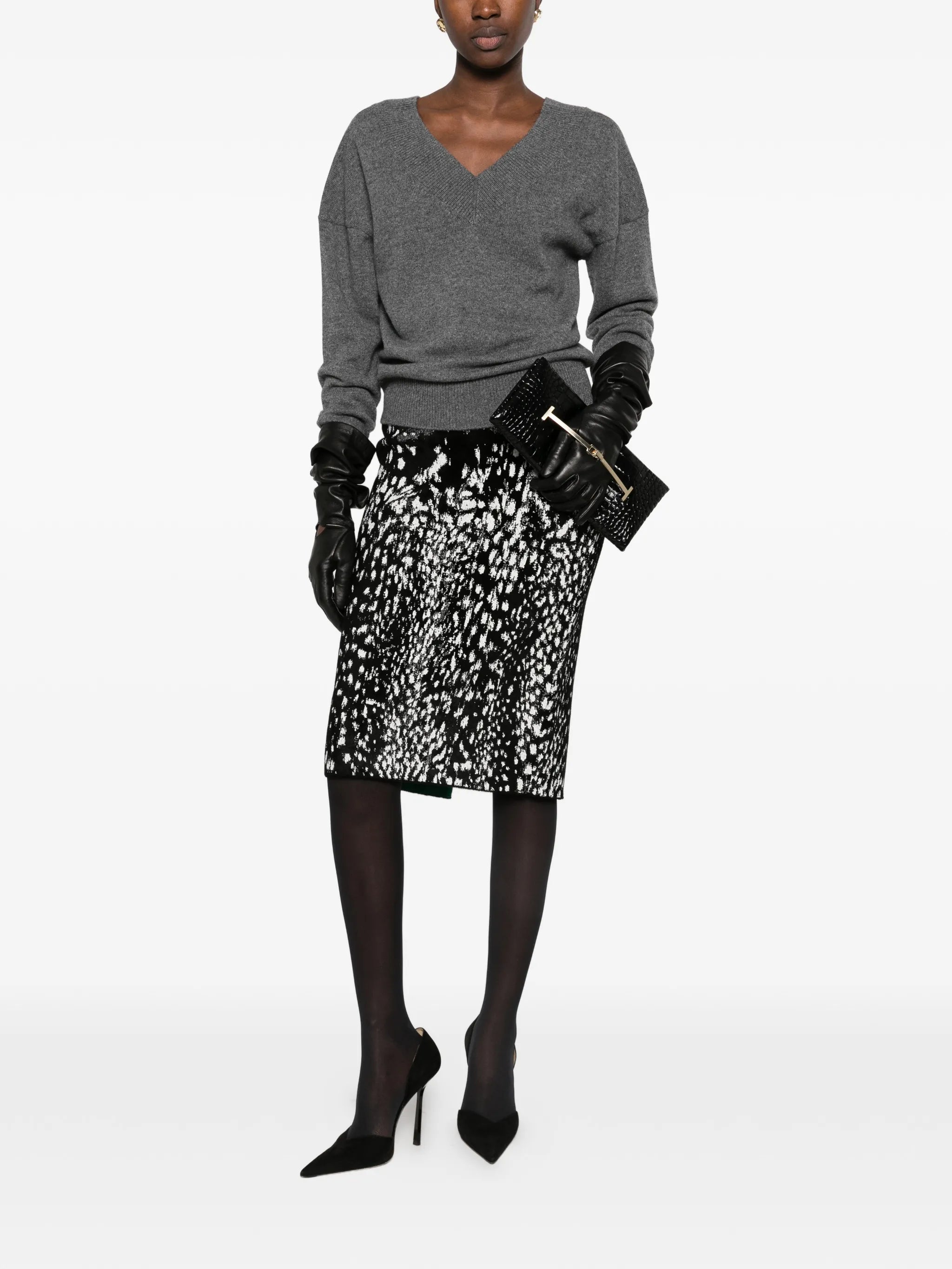 lynx jacquard velvet pencil skirt with front slit